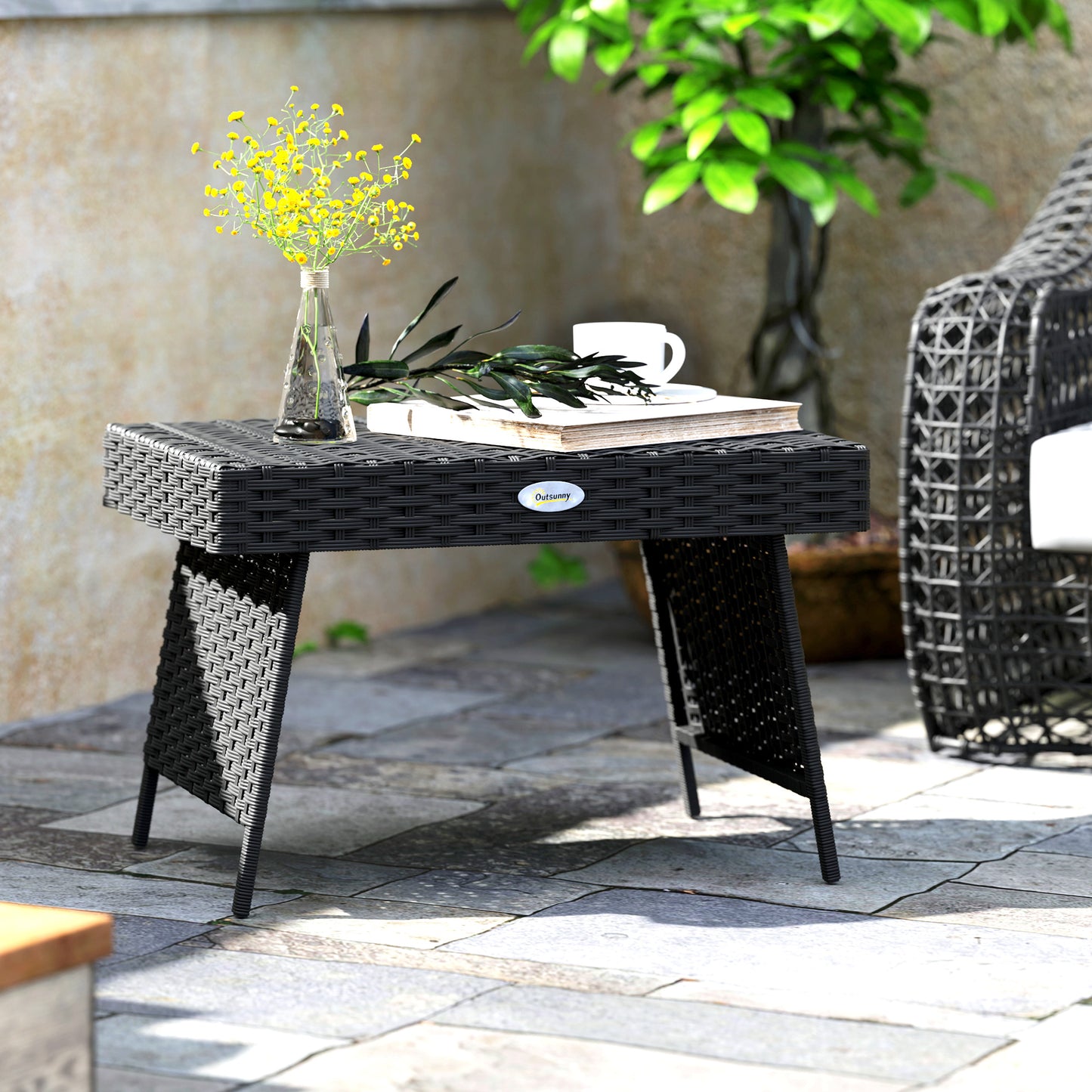 Outsunny Foldable Rattan Garden Coffee Table, Steel Frame, Space-Saving Patio/Balcony Furniture, 60x41x41 cm, Black