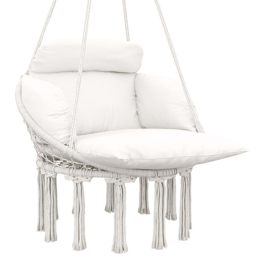 Outsunny Hanging Chair Outdoor Hammock with Cushion, Cotton Rope Boho Style Swing Seat for Indoor/Outdoor, Cream White