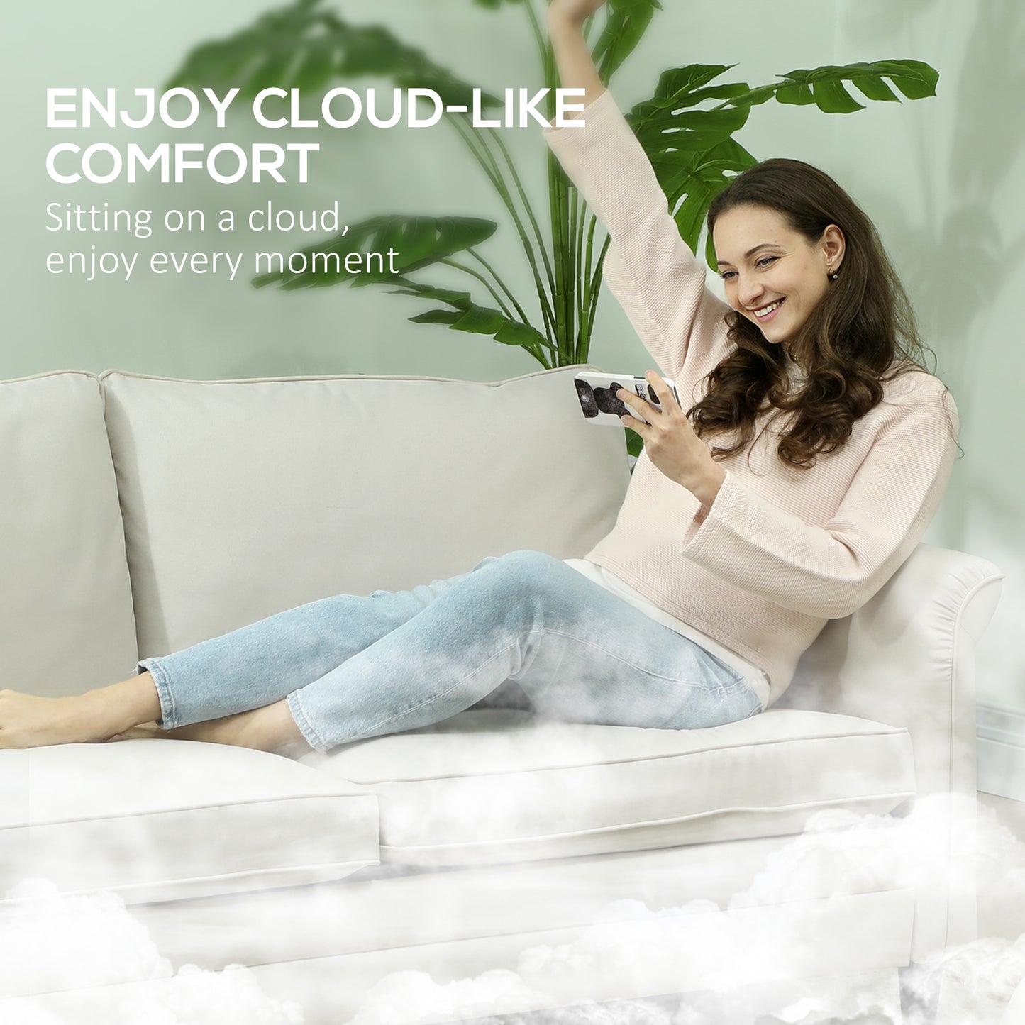 HOMCOM 3 Seater Sofa, Modern Fabric Couch with Spring Cushion, Rubber Wood Legs, 191cm for Living Room, Bedroom, Home Office, Cream White