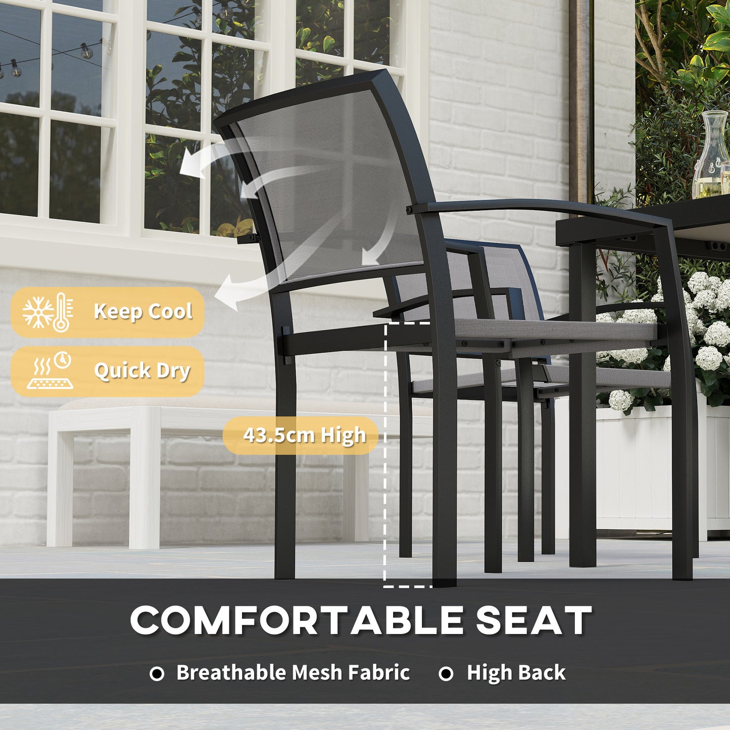 Outsunny 5 Piece Garden Furniture Set with 4 Stackable Armchairs, Easy Clean Top, Steel Frame, Texteline Seat, Grey