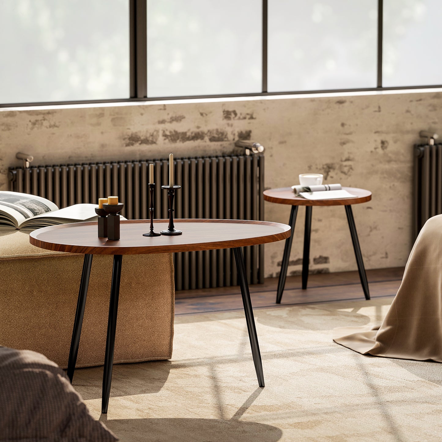 HOMCOM Nesting Coffee Table Set of 2, 80cm Modern Stacking End Tables with Metal Legs for Living Room, Bedroom, Office, Chestnut Wood Effect