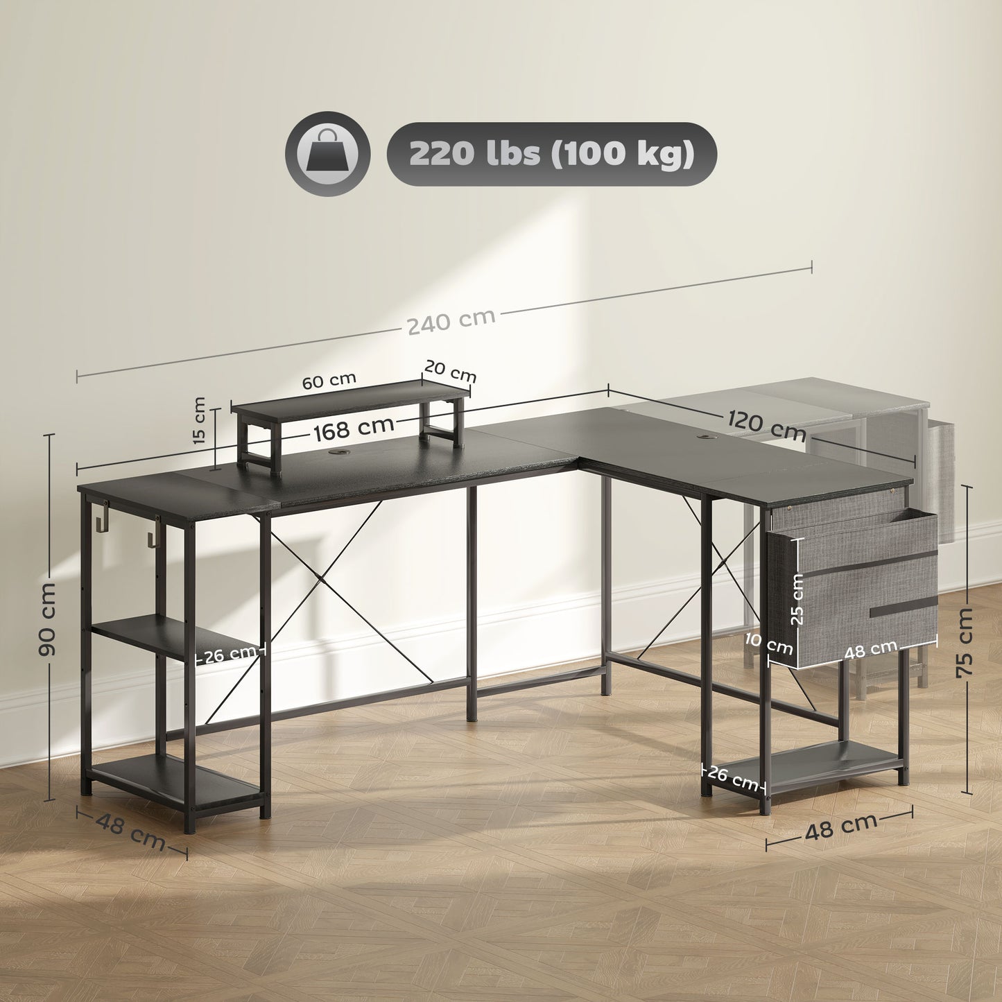 HOMCOM 168cm Reversible L-Shaped Industrial Desk, Adjustable Shelf, Storage Bag, 240cm 2-Person Desk, Black