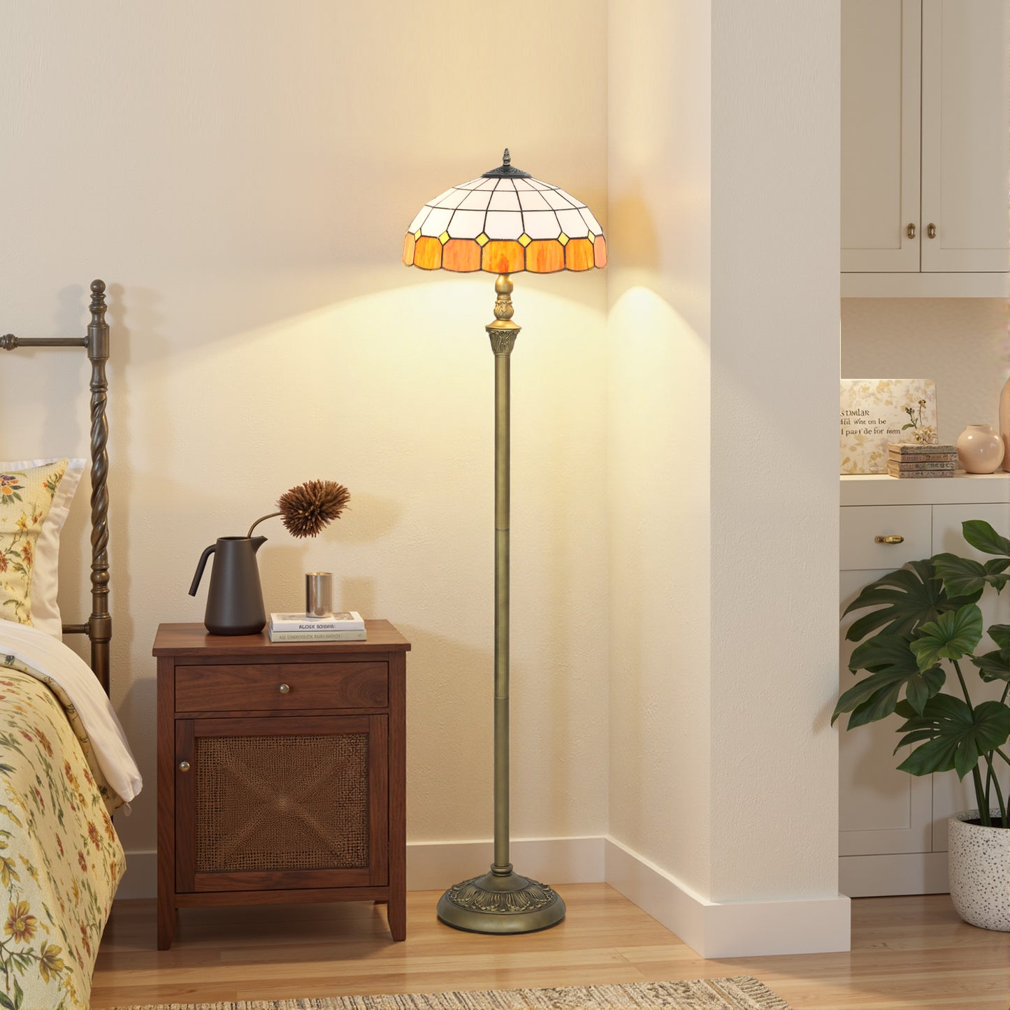 HOMCOM Tiffany-Style Floor Lamp, 152cm Vintage Standing Lamp with Stained Glass Shade, Foot Switch, Dual Sockets, Bronze Tone, Orange