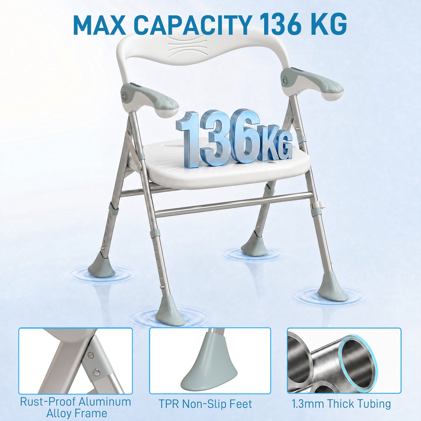 HOMCOM Foldable Shower Chair with Flip-Up Armrests, Shower Stool with Adjustable Height, Tool-Free Assembly, 136 kg