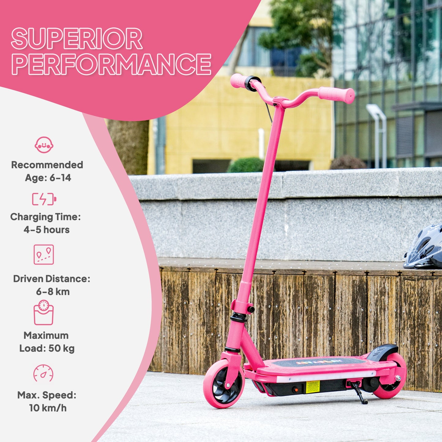 AIYAPLAY Electric Scooter for Kids Ages 6-14, with Colourful Light and Electric Brake, Kids Electric Scooter E Scooter, Up to 10 KM/H & 8 KM, Pink