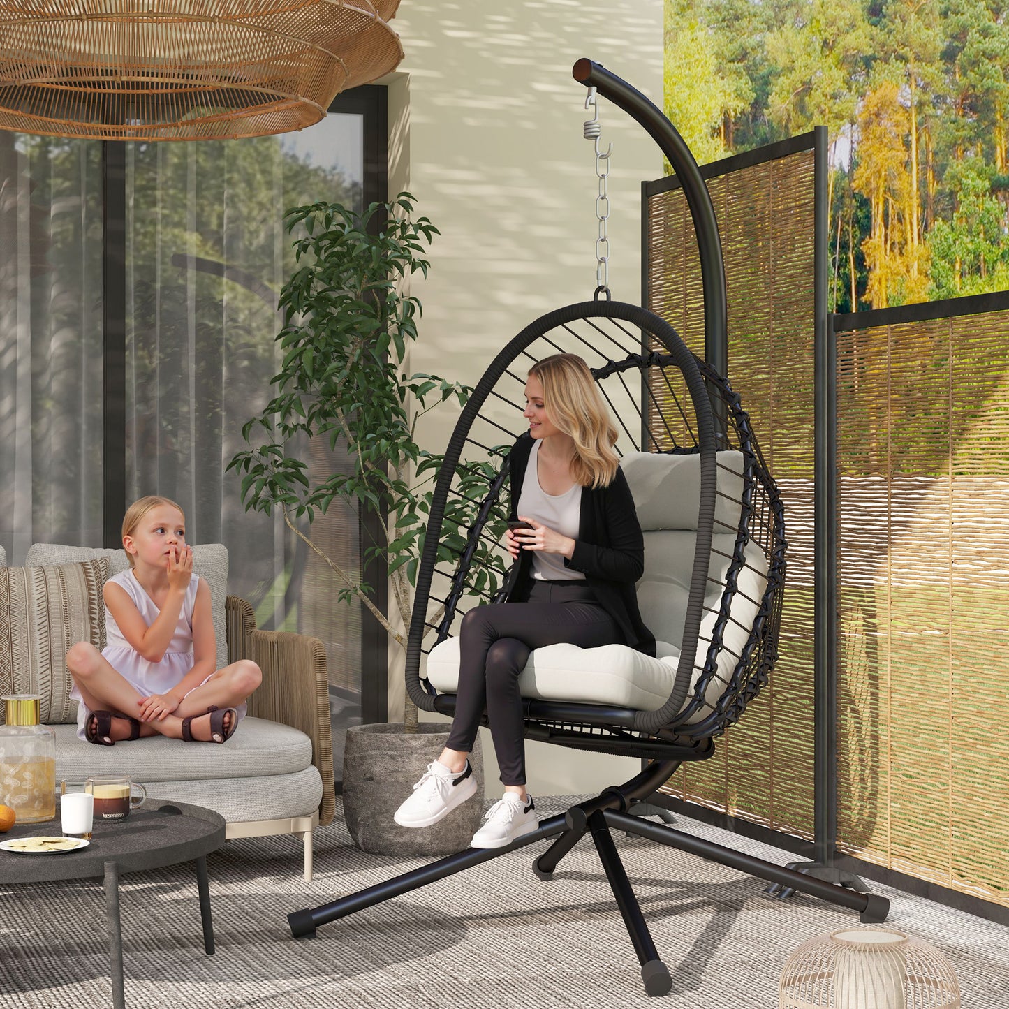 Outsunny Garden Swing Chair, Rattan Egg with Cushion & Metal Stand, for Indoor/Outdoor Use, Black