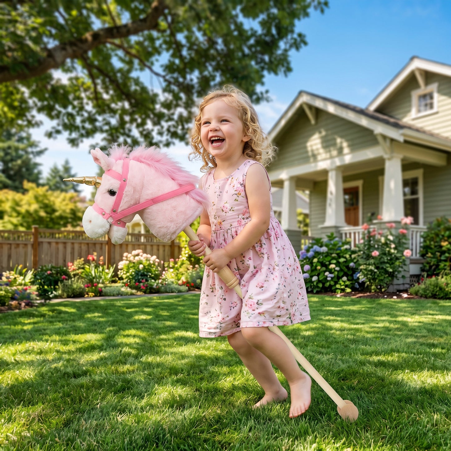AIYAPLAY Hobby Horse with Wood Wheels, Stick Horse with Grip Handle, Sound, Plush Hobby Horse Toy for Imaginative Play, Pink