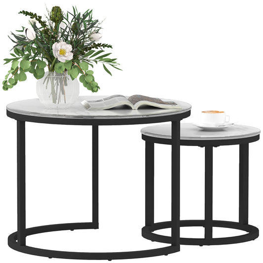 HOMCOM Glass Coffee Table Set, Round Marble-Effect Tempered Glass Top & Steel Frame, White
