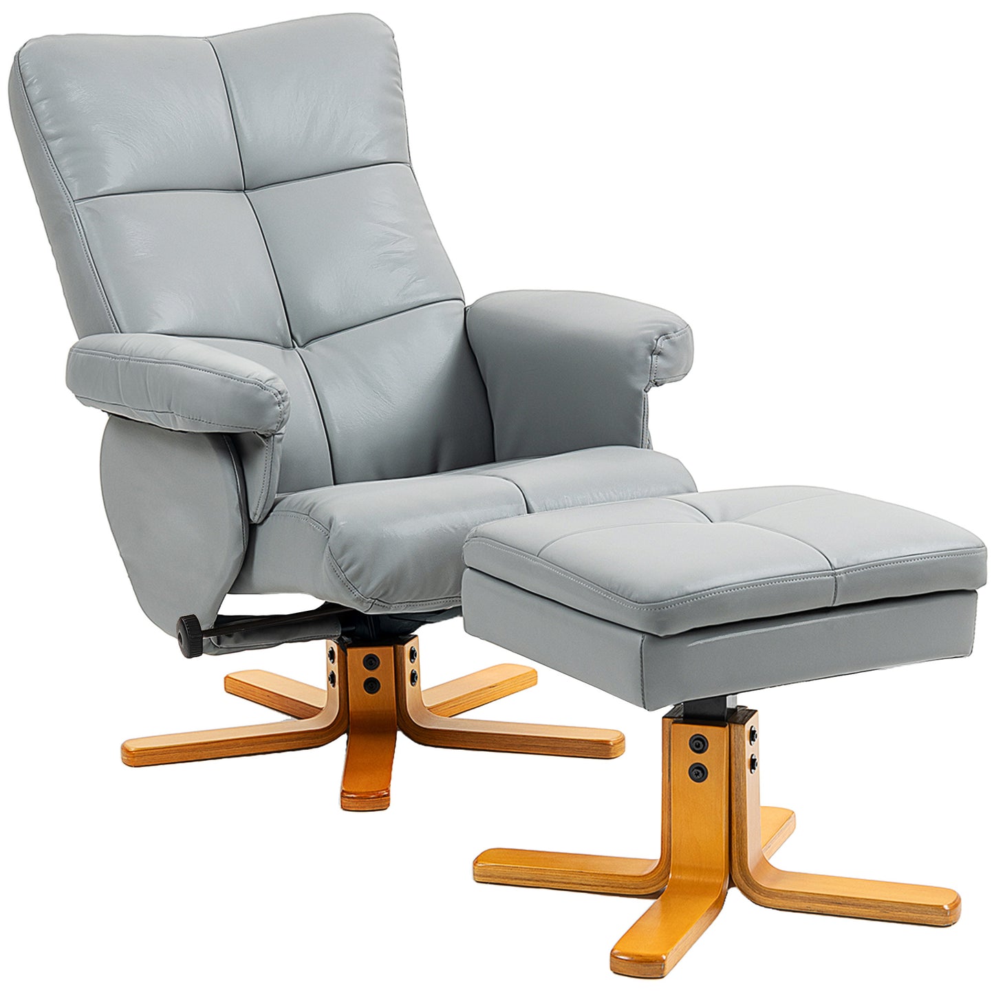 HOMCOM Recliner Armchair, Swivel Chair with Ottoman, Faux Leather, Wooden Base, Storage Footstool for Living Room, Light Grey