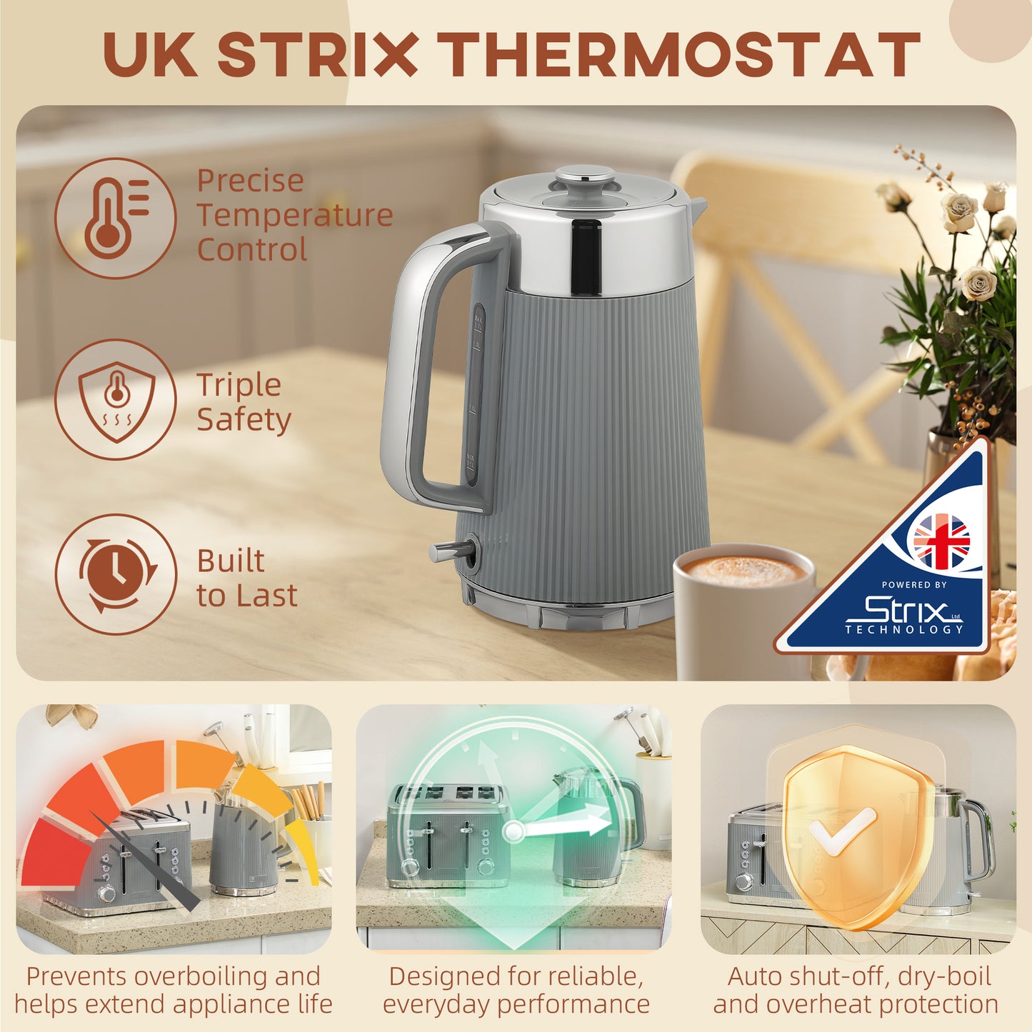 HOMCOM Electric Kettle and Toaster Set, 3000W 1.7L Rapid Boil Kettle with Limescale Filter, 4 Slice Toaster, 7 Browning Controls, Tan