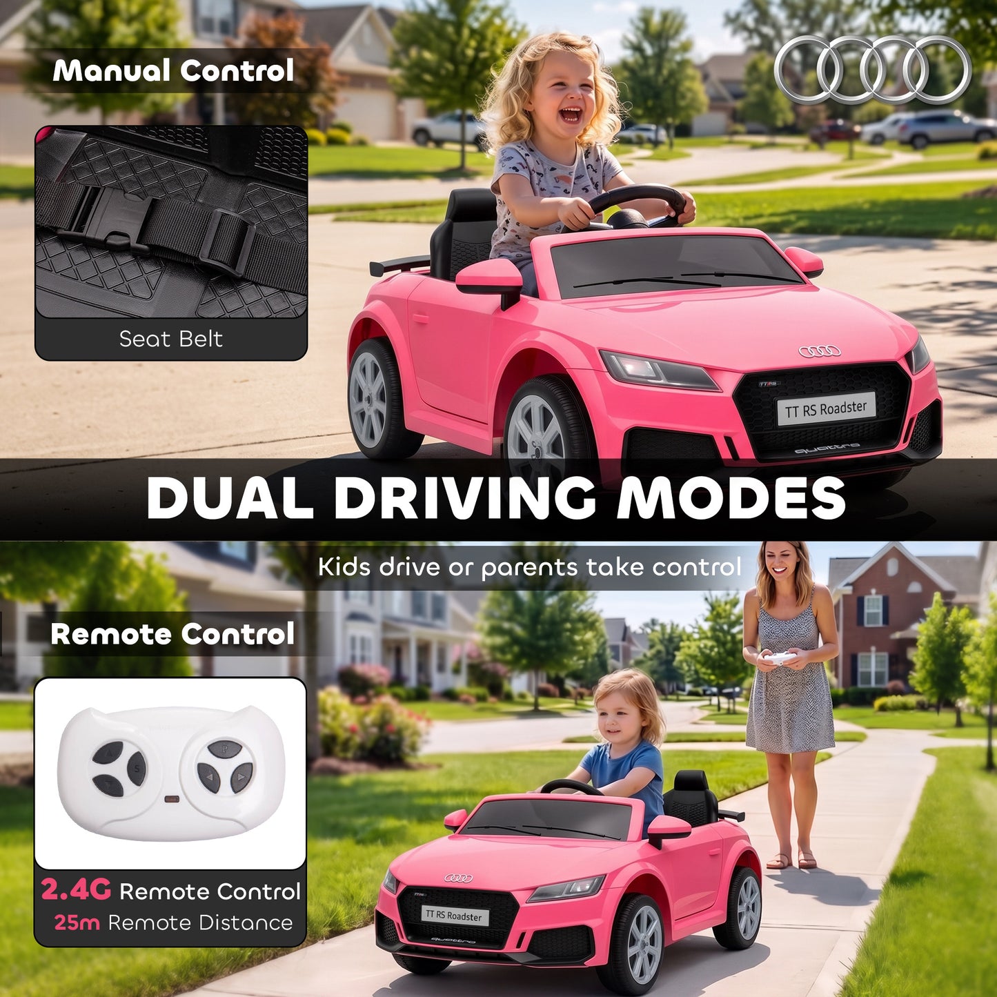 AIYAPLAY 12V Audi TT RS Licensed Electric Car, Electric Ride On Toy with Remote Control, Dual Motors, 4-Wheel Suspension, Pink