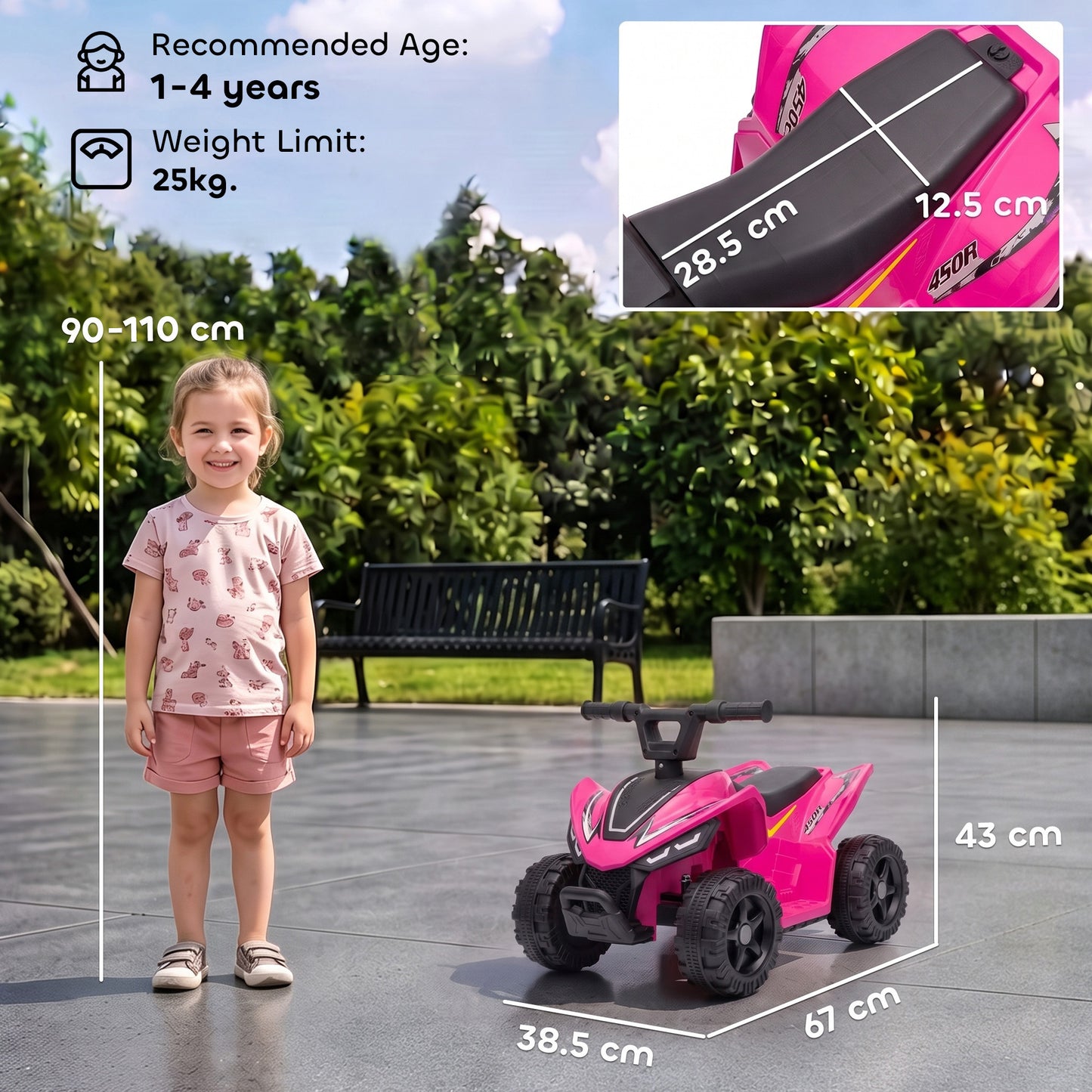 AIYAPLAY 6V Battery Powered Kids ATV, Quad Bike w/ Handlebar Button Control, Max 1.2MPH, Max 55lbs Load, for 18-48 M, Rose Red