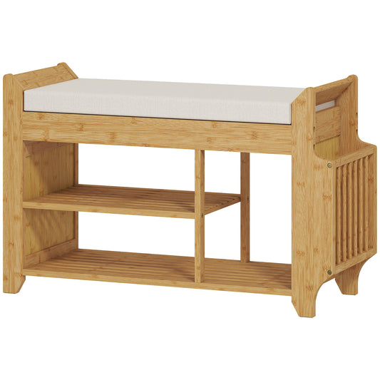 HOMCOM Shoe Bench 2-Tier Boot Section Entryway Storage Bench Cushioned Seat 100 x 30 x 50 cm Natural and Cream