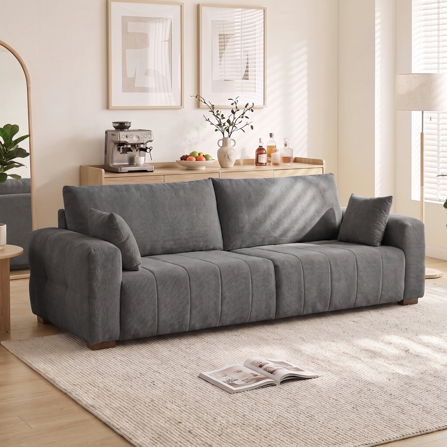 HOMCOM 3 Seater Sofa, Upholstered Velvet Couch for Bedroom with Pillows, Padded Cushion and Wood Legs, Grey