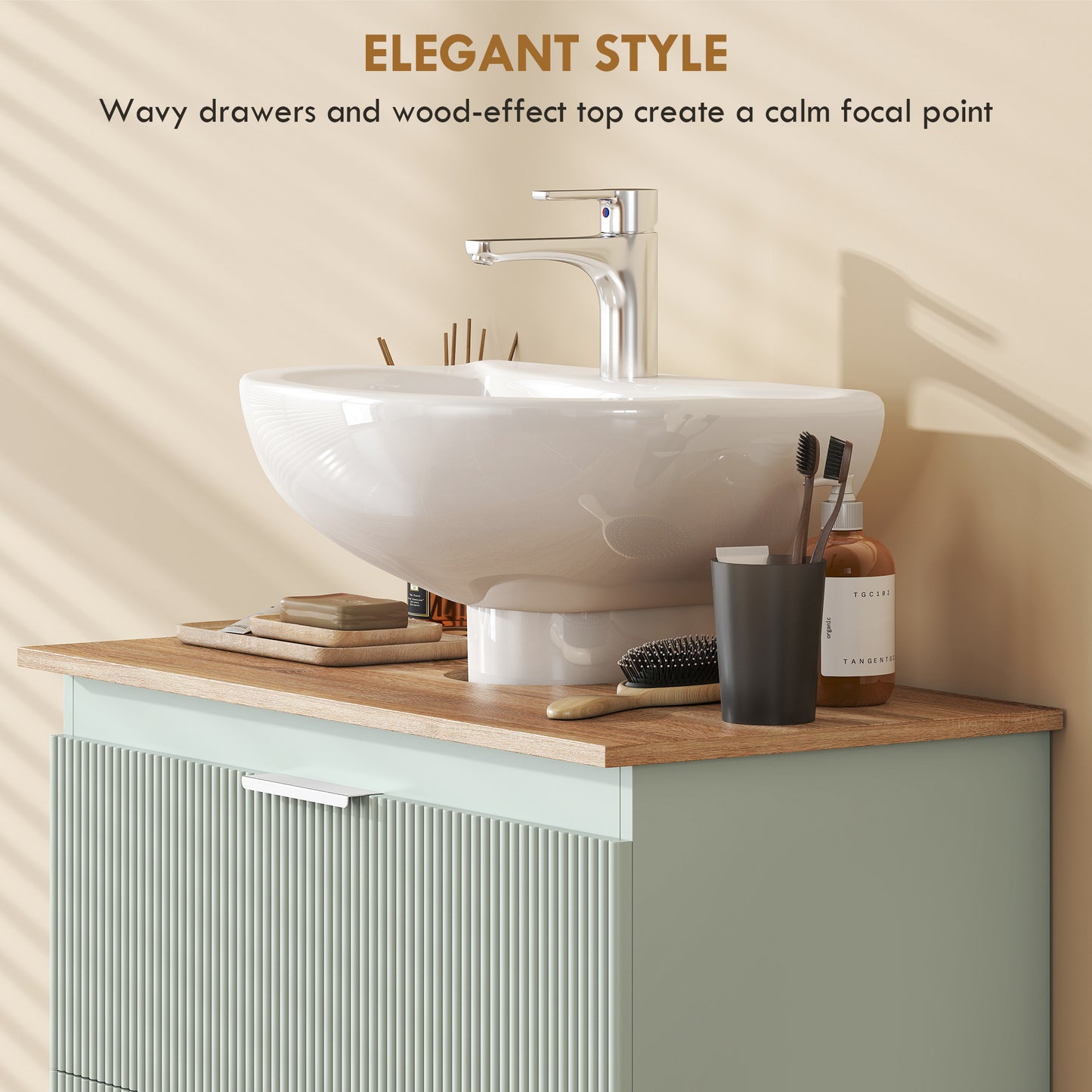 HOMCOM Under Sink Cabinet with 2 Drawers, Under Sink Bathroom Cabinet for Sink with or without Pedestal, Green and Natural Wood
