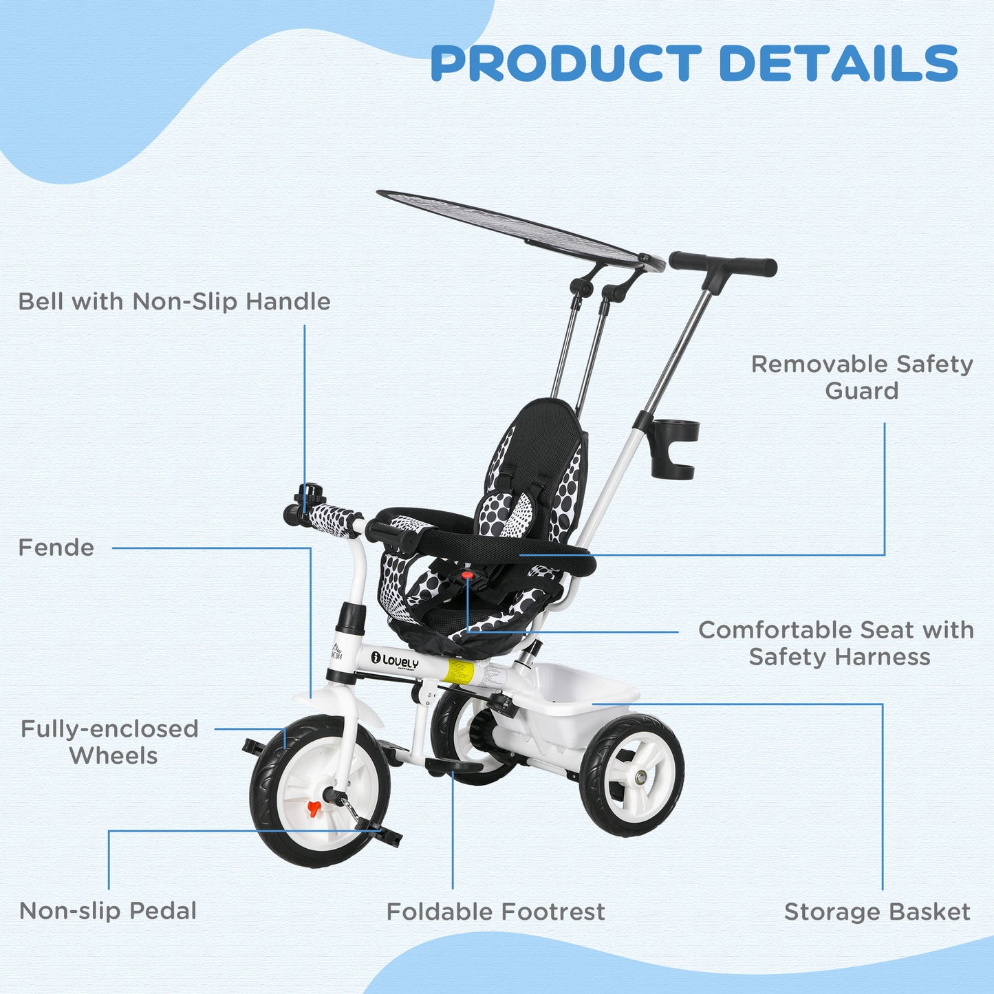 HOMCOM 4 in 1 Tricycle for Kids with 5-point harness straps Removable Canopy White