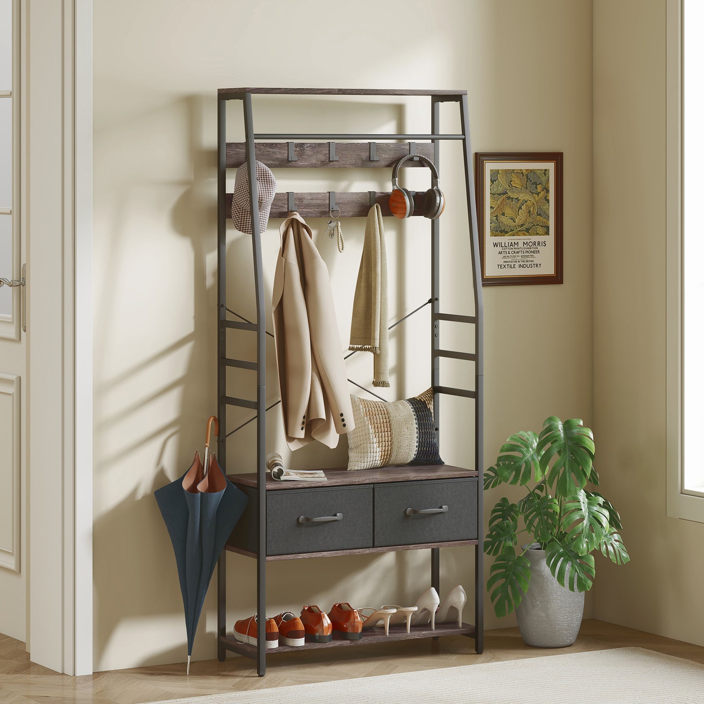 HOMCOM Coat Rack with Shoe Storage, Industrial Hall Tree with Bench, 10 Hooks, 2 Fabric Drawers, Clothes Rail for Entryway, Grey