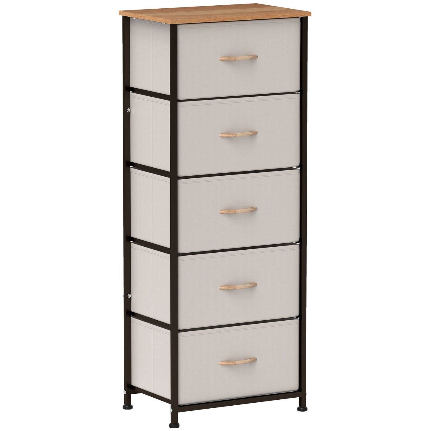 HOMCOM Chest of Drawers, Industrial Dresser with 5 Fabric Drawers, Steel Frame & Wooden Top for Bedroom, Nursery, Hallway, Cream White