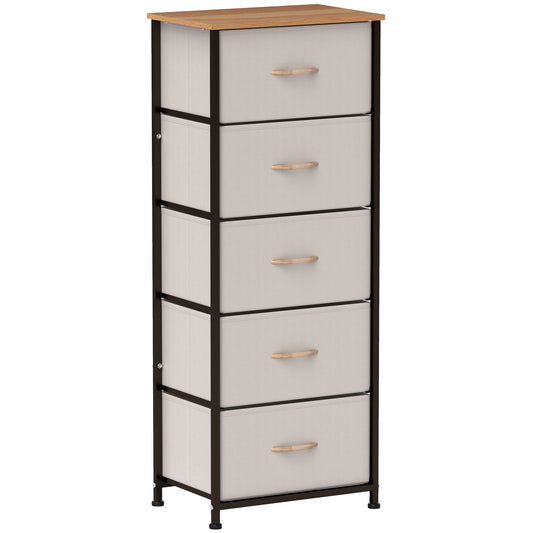 HOMCOM Chest of Drawers, Industrial Dresser with 5 Fabric Drawers, Steel Frame & Wooden Top for Bedroom, Nursery, Hallway, Cream White