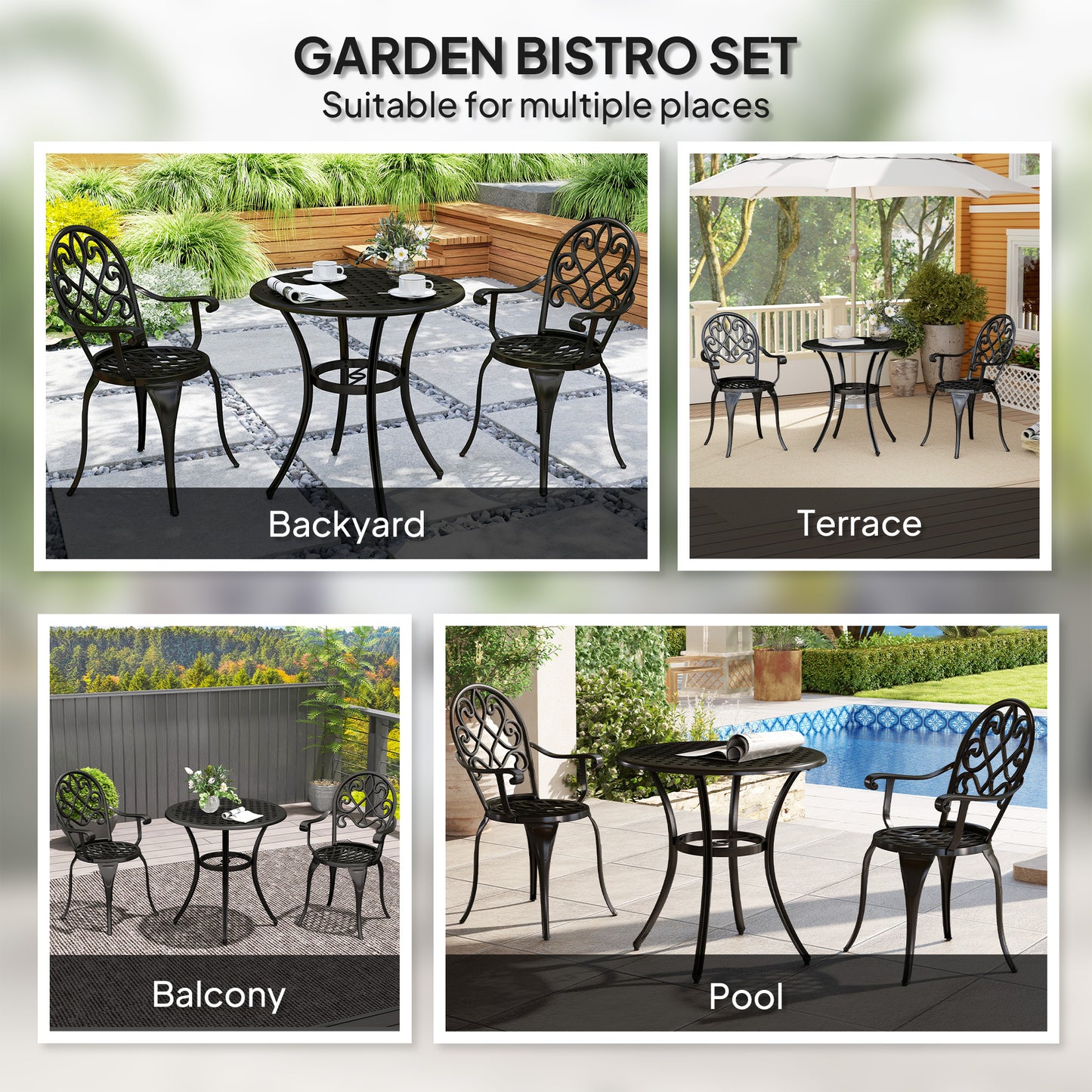 Outsunny 3 Piece Patio Bistro Set for 2, Outdoor Aluminium Garden Table and Chairs with Adjustable Footpads for Balcony, Garden and Patio, Black