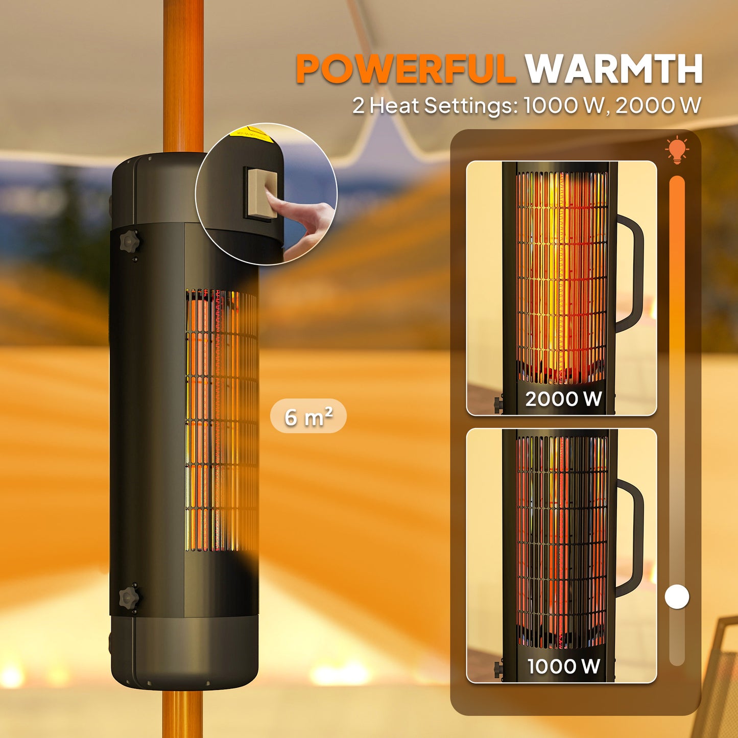 Outsunny Electric Umbrella Patio Heater, 2000W, 2 Heat Settings, Tip-Over Protection, Fits 25-70mm Poles, 6m² Coverage, Black