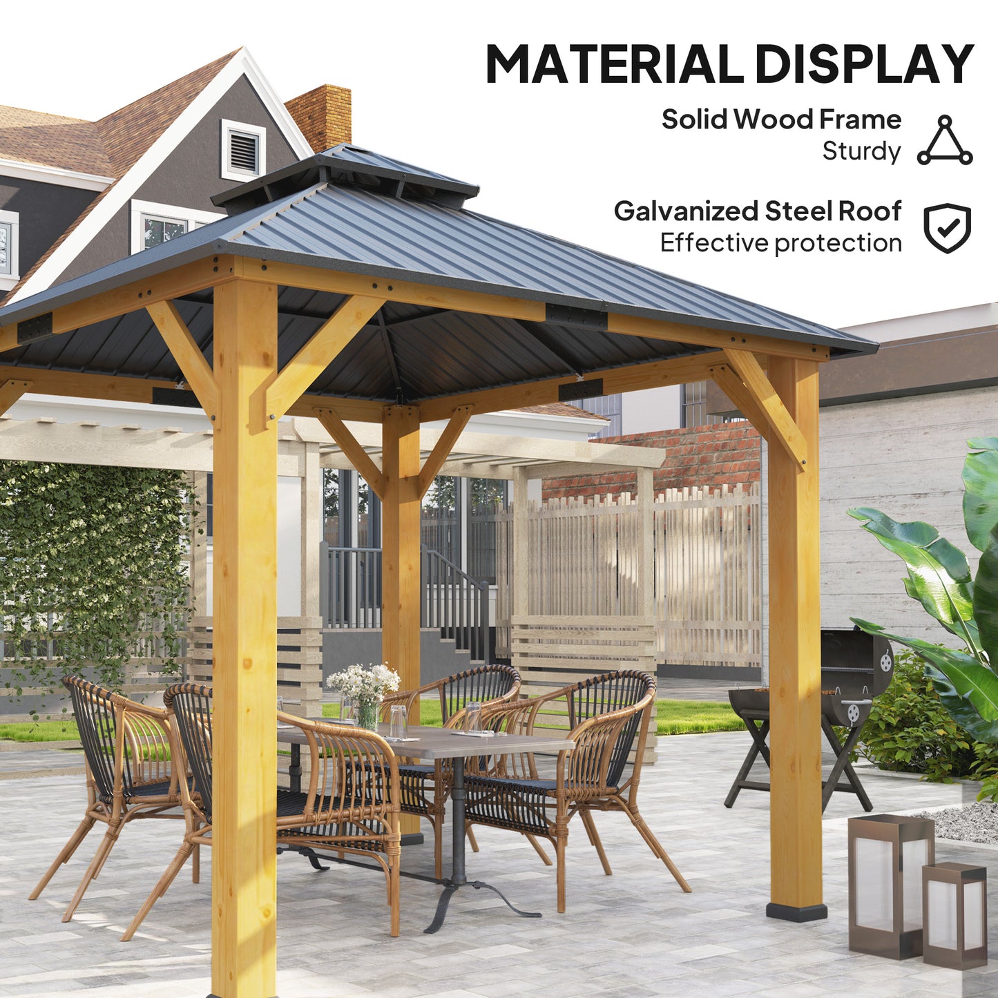 Outsunny 3x(3)M Outdoor Hardtop Gazebo Canopy with 2-Tier Roof and Solid Wood Frame, Outdoor Patio Shelter for Patio, Garden, Grey