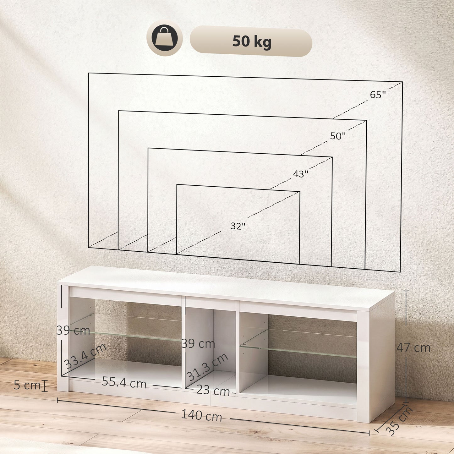 HOMCOM TV Stand Cabinet with LED Lights and Remote Control for TVs up to 65", Entertainment Centre with Storage Shelves, White