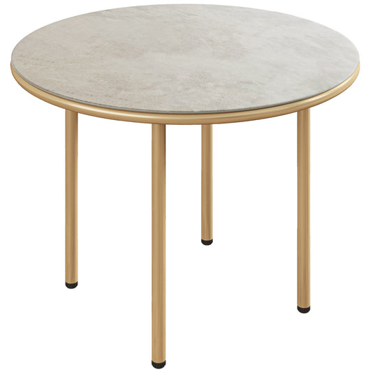 Outsunny Round Small Garden Table, 60cm Outdoor Side Table with Faux Marble Tempered Glass Top, Steel Frame for Garden Patio Balcony, Beige