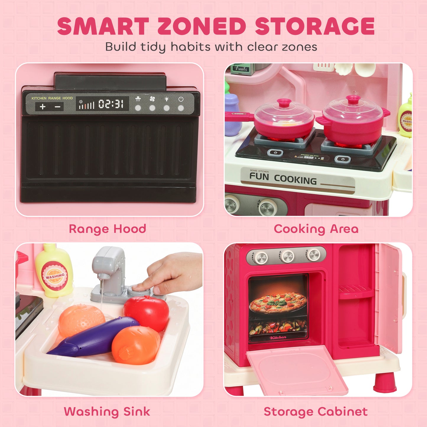 AIYAPLAY Play Kitchen, 33 PCS Kids Kitchen Playset with Lights, Sounds, Storage, Circulating Water Sink for 3-6 Years, Pink
