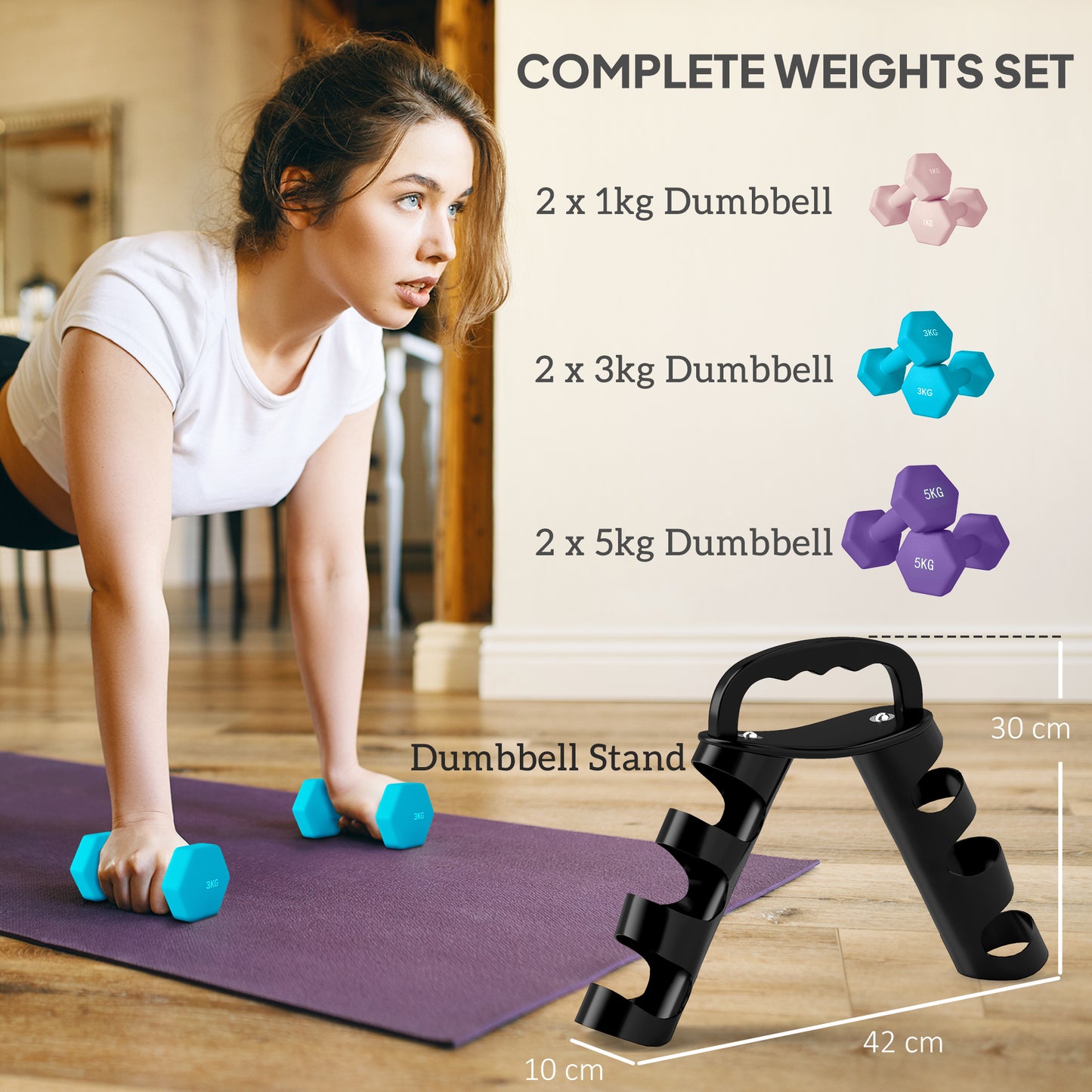 SPORTNOW Dumbbells Set with Storage Rack, 2 x 1kg, 2 x 3kg, 2 x 5kg, Pink