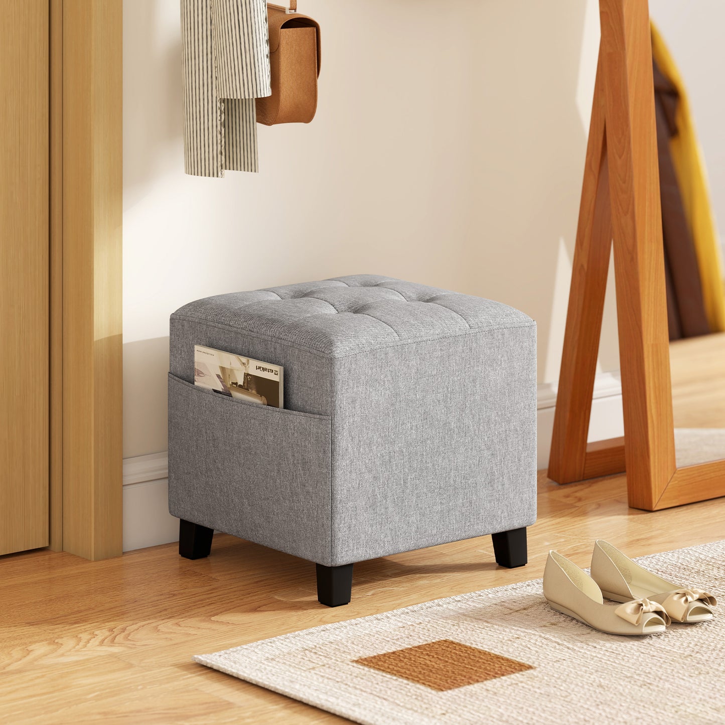 HOMCOM Square Footstool, Small Ottoman with Side Pocket, Linen Fabric, Rubber Wood Legs, Padded Seat, 35x35x35cm, Light Grey