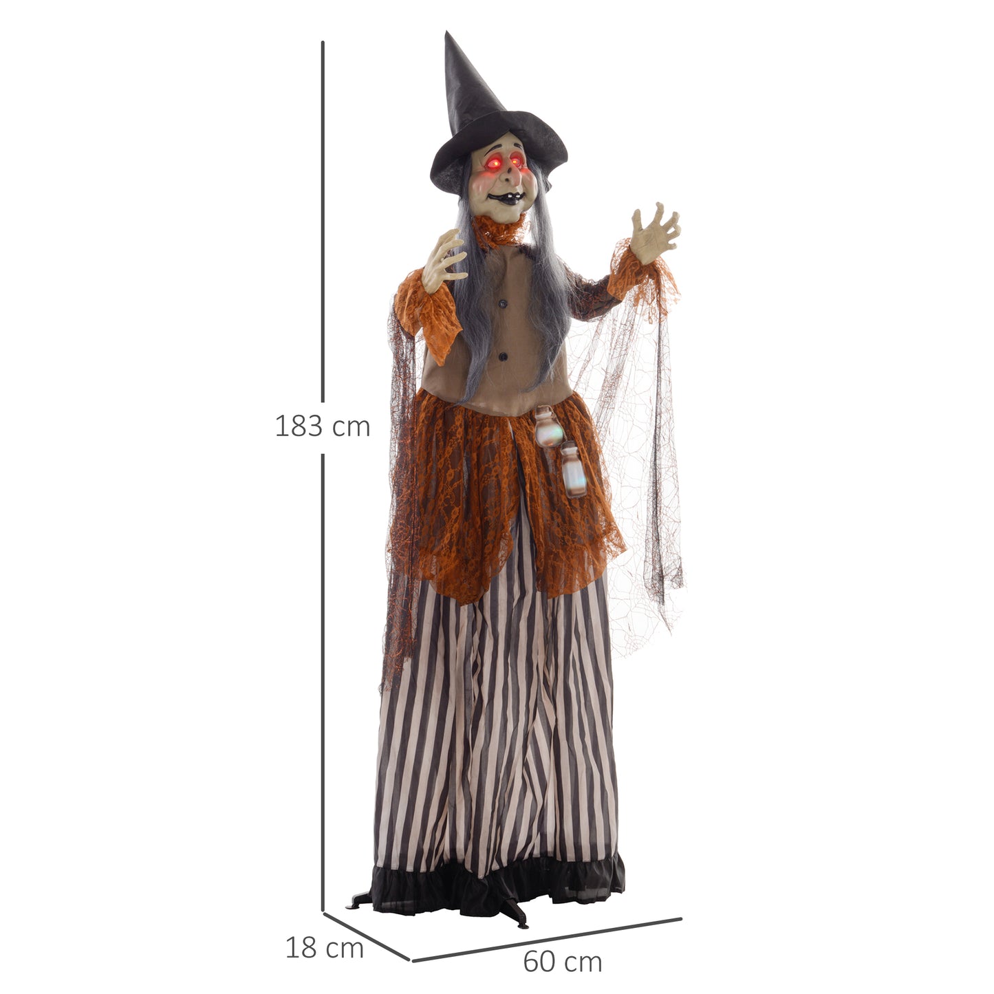 HOMCOM 183 cm Life Size Fat-Faced Witch Halloween Animatronic with Light Up Eyes and Sound Effects, Outdoor Decoration, Animated Prop - Black