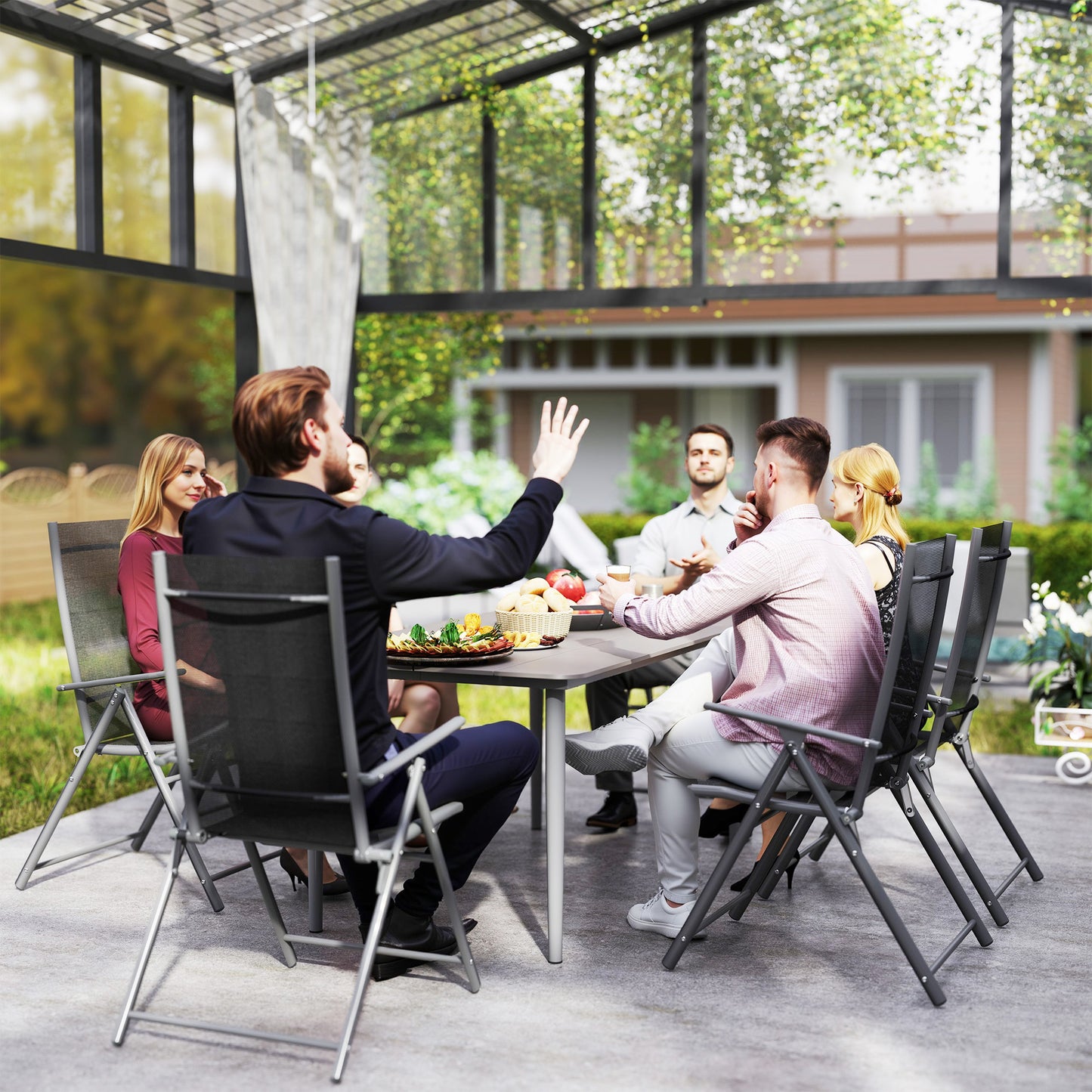 Outsunny Garden Table, Outdoor Dining Table for 6 People, 160 x 90 x 74 cm, with Rust Resistant Metal Frame, WPC Top, for Balcony, Terrace, Dark Grey