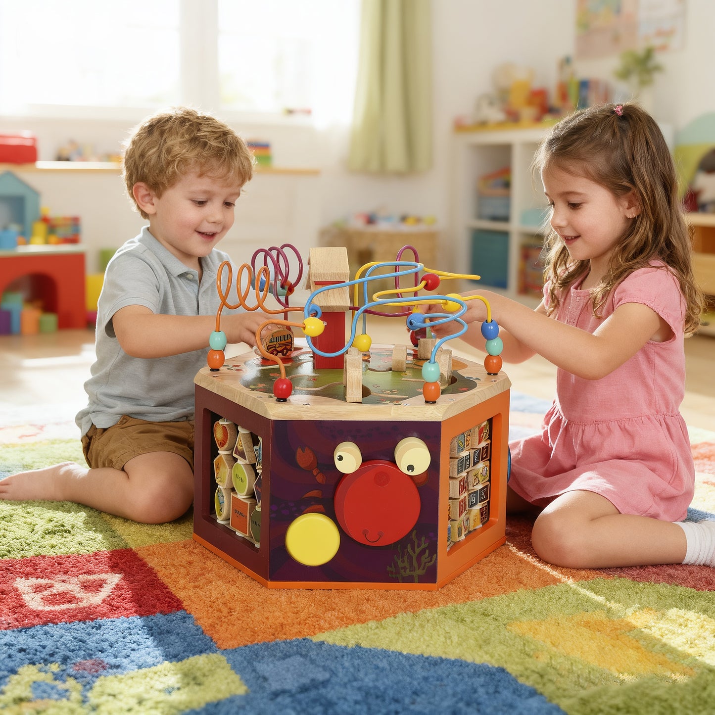 AIYAPLAY 8 in 1 Wooden Activity Cube with Bead Maze, Shape Sorter, for Kids Boys Girls 18+ Months