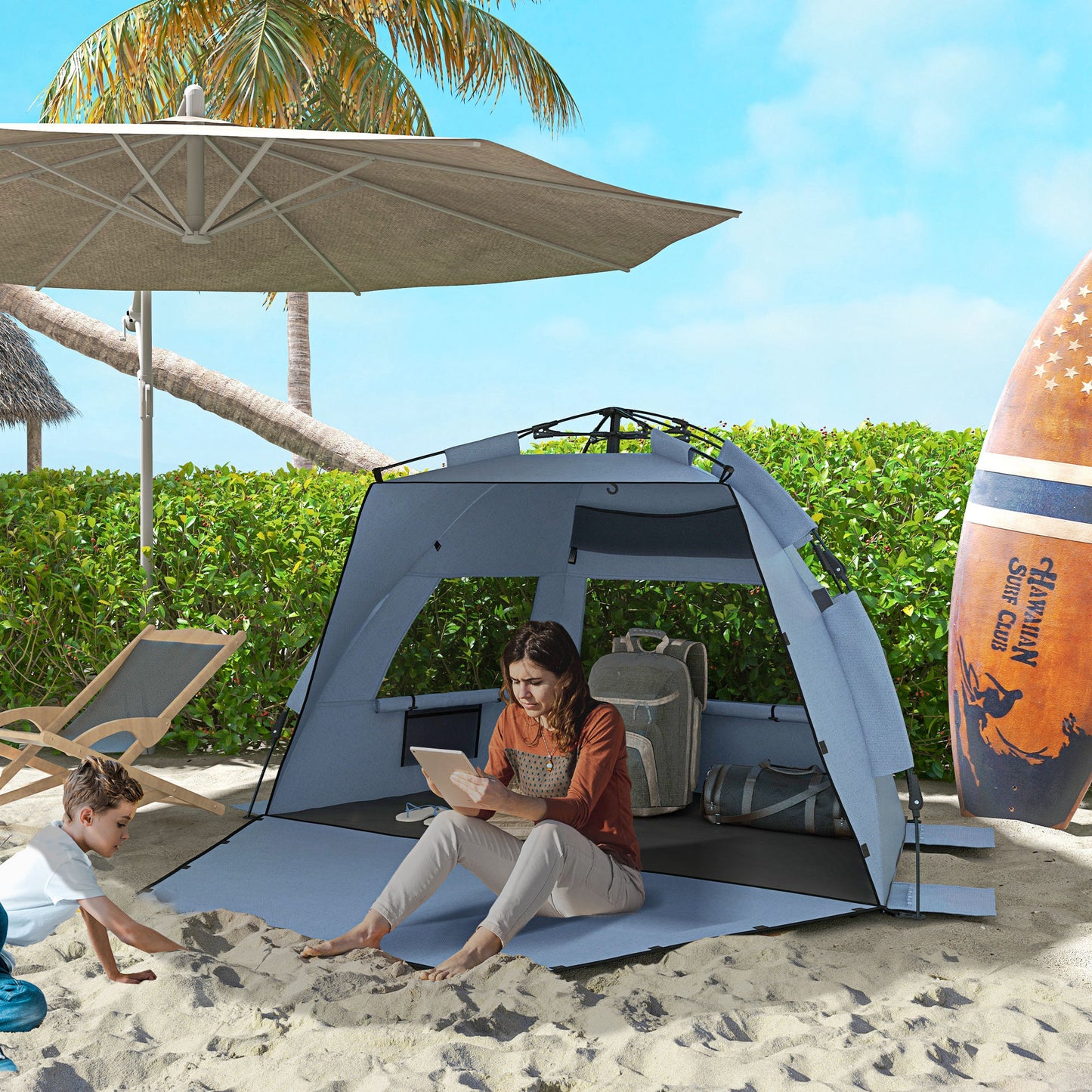 Outsunny 2-3 Person Pop Up Beach Tent Carry Bag Light Blue