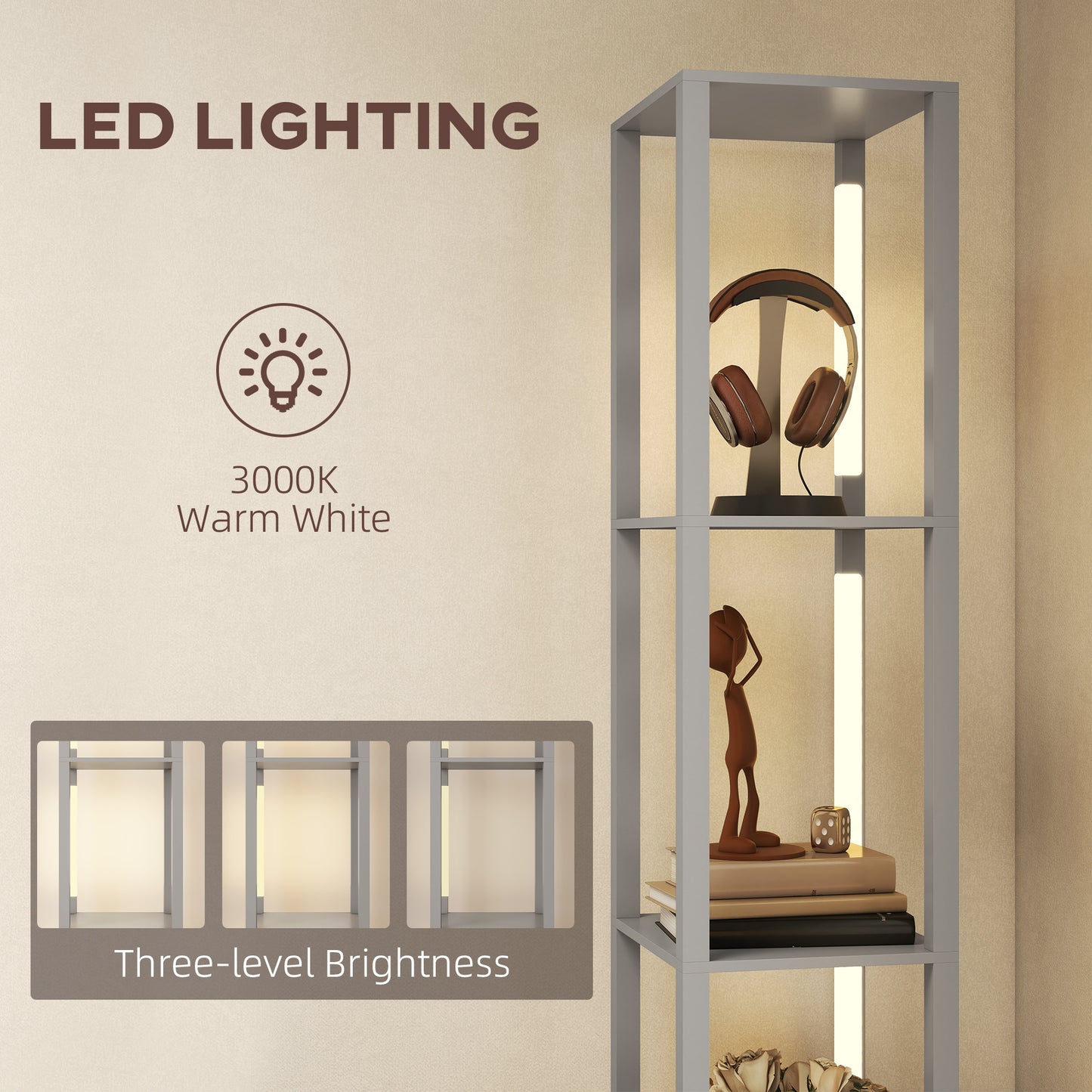 HOMCOM Floor Lamp with Shelves, LED Column Standing Lamp with Fabric Drawer, Adjustable Brightness, Foot Switch, Grey