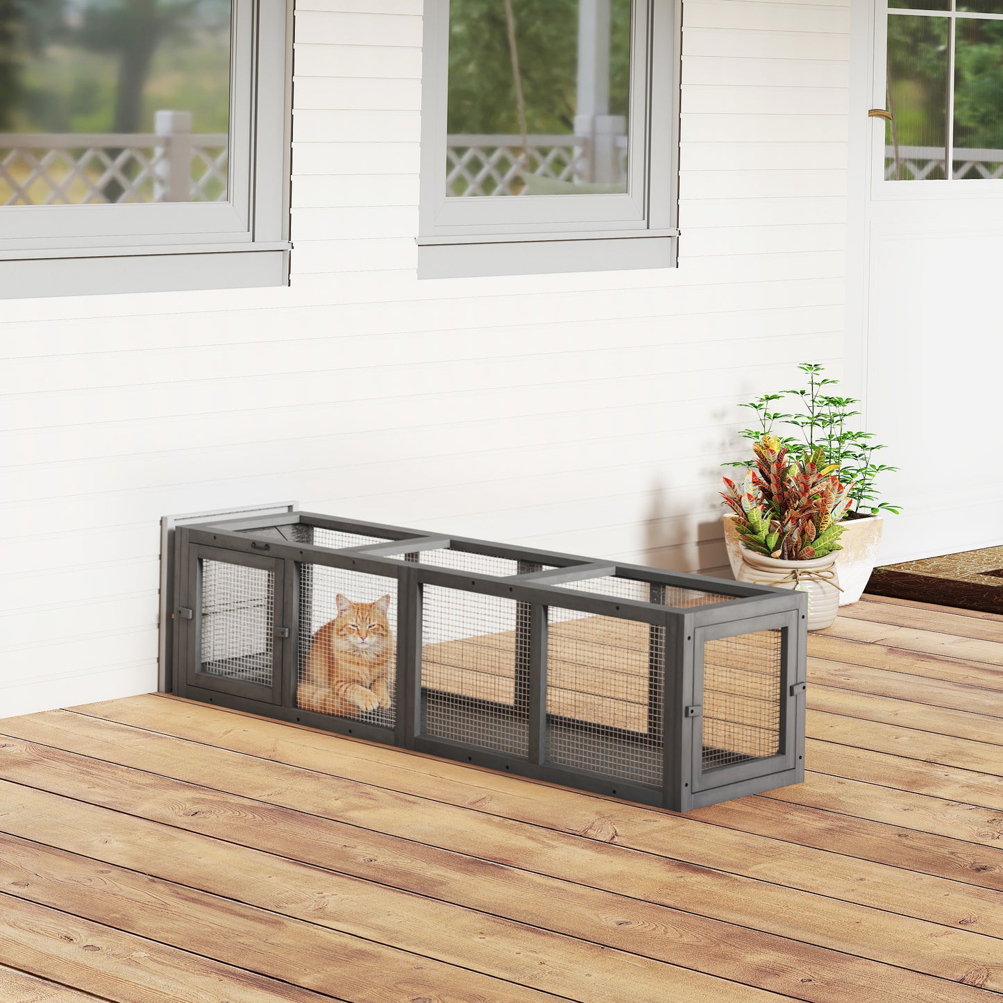 PawHut Outdoor Cat Tunnel, Wooden Play Cat Enclosure, Extendable Pet Run with 3 Doors, for Indoor and Outdoor Use, Grey