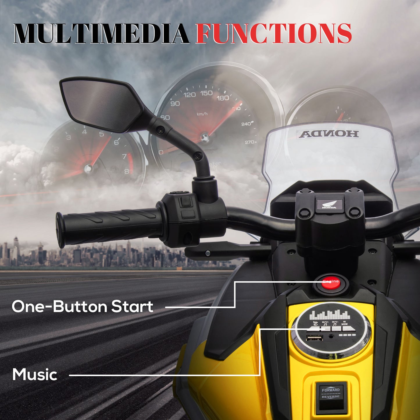 AIYAPLAY 12V Honda Licensed Kids Electric Motorbike w/ Music, Headlights, Early Education Function, for 3-6 Years - Yellow