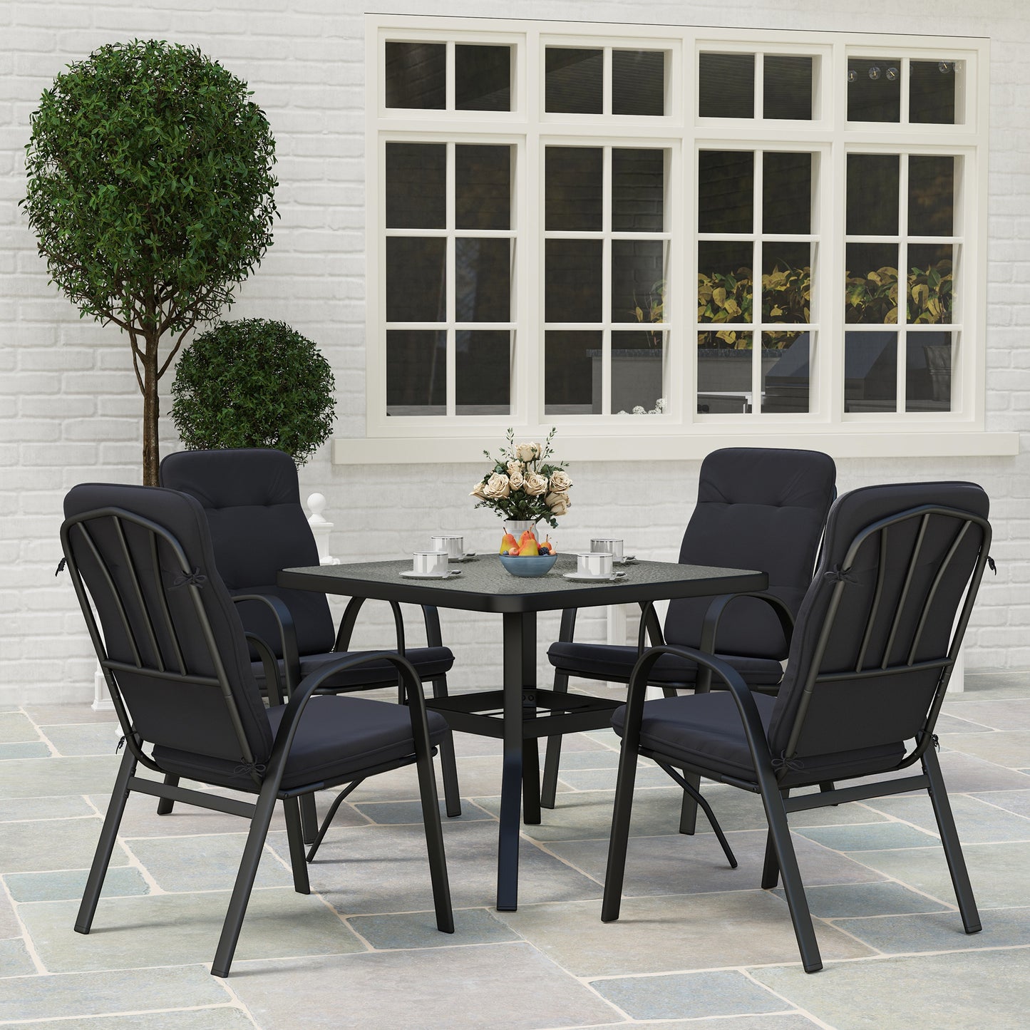 Outsunny 5 Pieces Outdoor Square Garden Dining Set w/ Tempered Glass Dining Table 4 Cushioned Armchairs, Umbrella Hole, Black