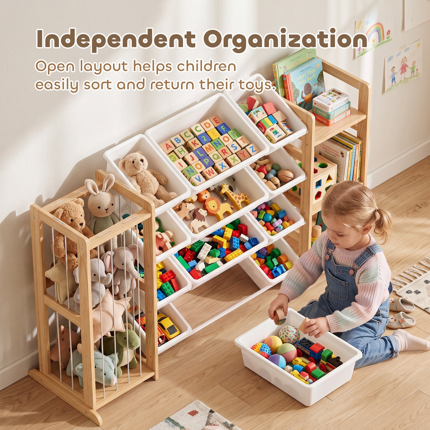 AIYAPLAY Wooden Toy Storage Unit with Stuffed Animal Storage, Bookshelf and 12 Bins for Kids Rooms, Bedroom, Playroom, Nursery