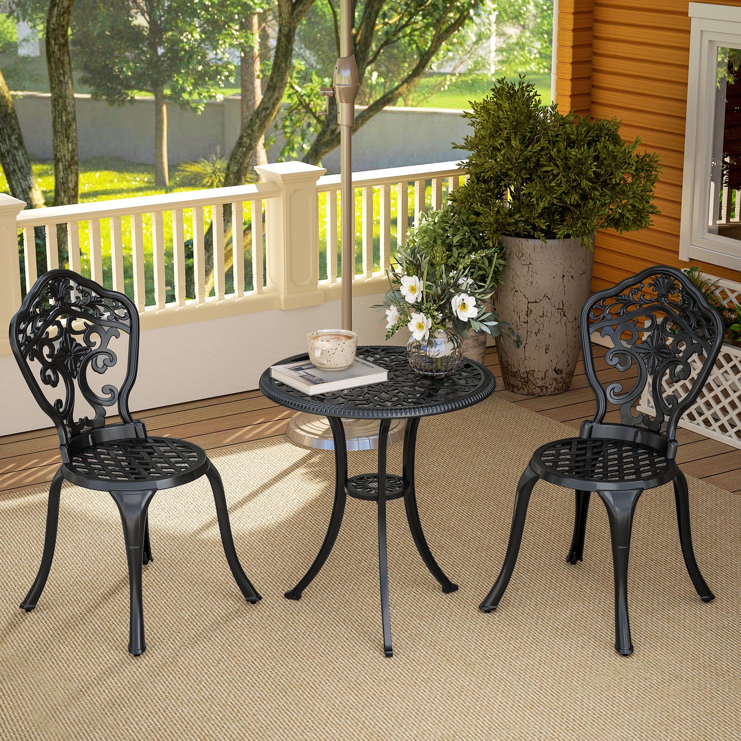 Outsunny 3 Piece Cast Aluminium Bistro Set for 2, Outdoor Table & 2 Chairs with Parasol Hole, Black