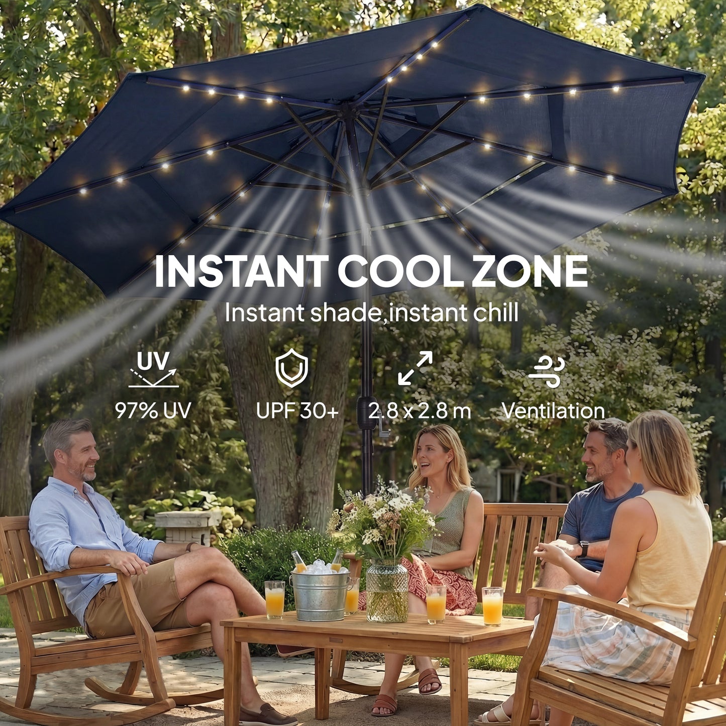 Outsunny 2.8 m Garden Parasol Umbrella with LED Solar Light, Parasol Cover, 3 Tier Outdoor Table Market Patio Umbrella, Navy Blue