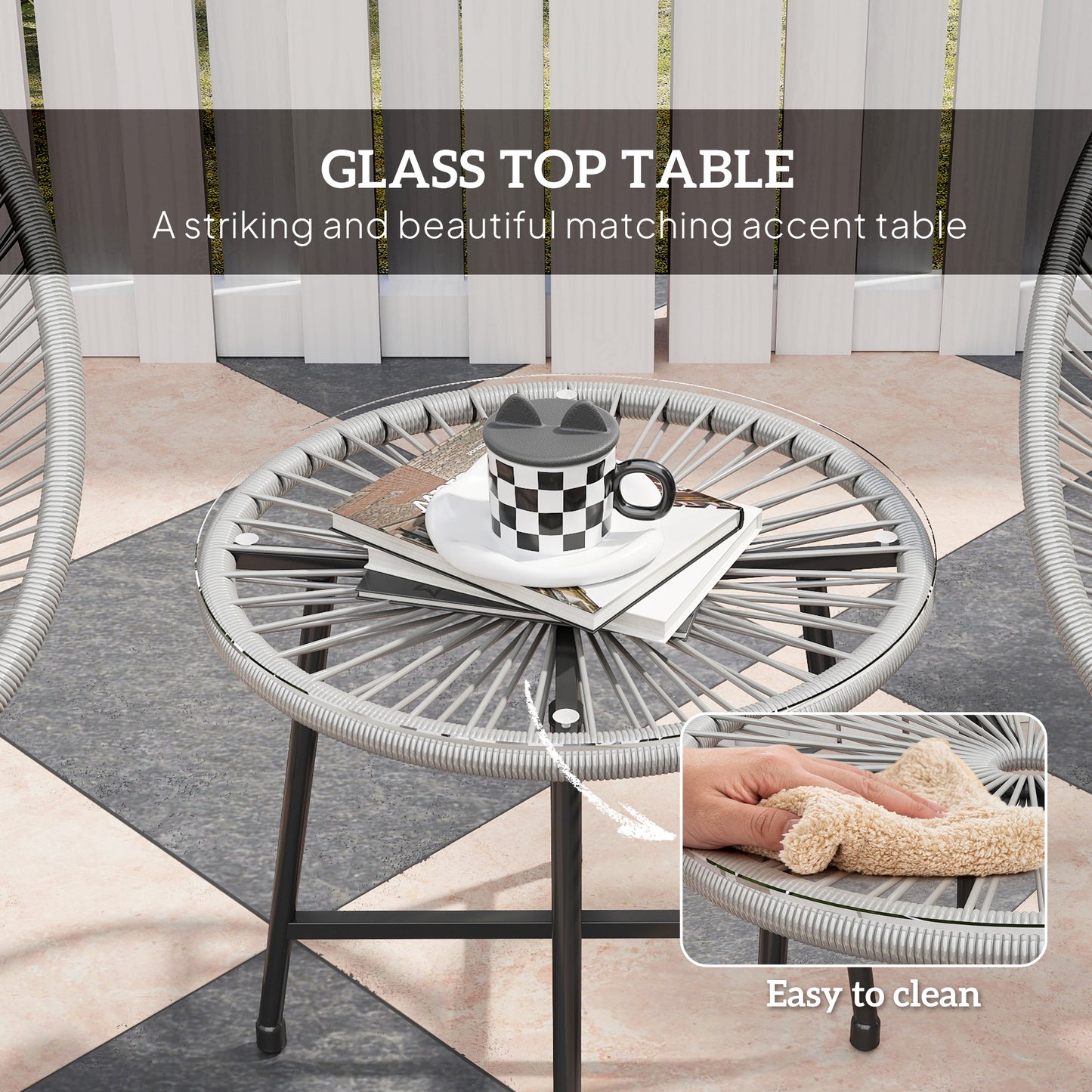 Outsunny 3 Piece Rattan Bistro Set, Garden Furniture with Acapulco Chairs & Glass Table, Reinforced Metal Frame, Outdoor/Patio/Balcony, Grey