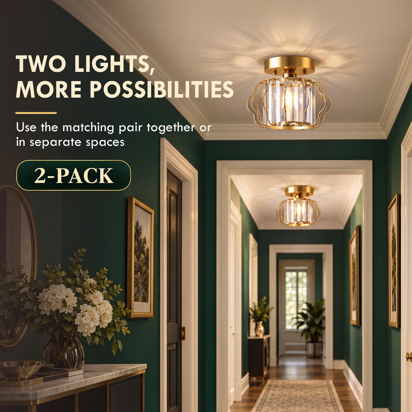 HOMCOM Crystal Ceiling Light Fixtures, Modern Semi-Flush Ceiling Lighting with Crystal Strips, 2 Pack, Gold Tone