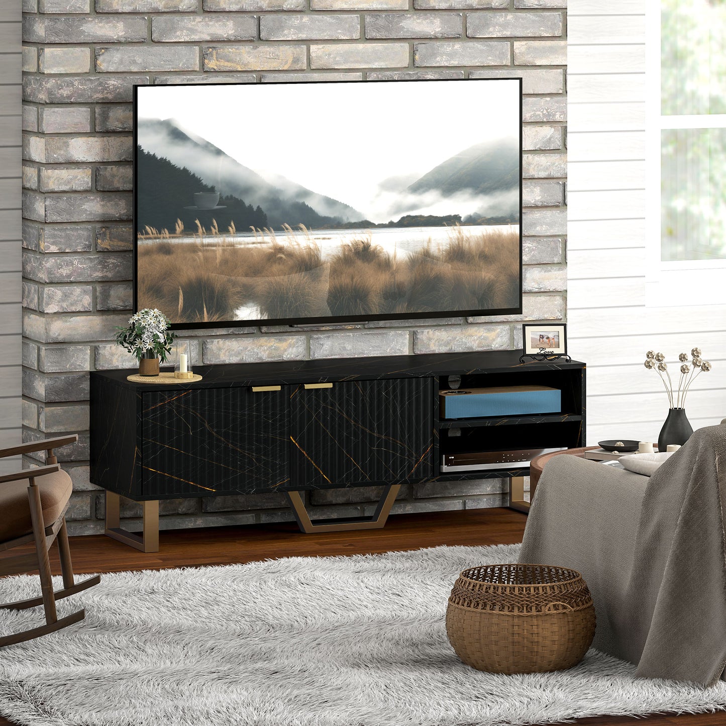 HOMCOM TV Stand Cabinet, Marble Effect, Fits up to 70" TVs, Modern Design with Shelves, Storage, Fluted Door, Cable Management, Black