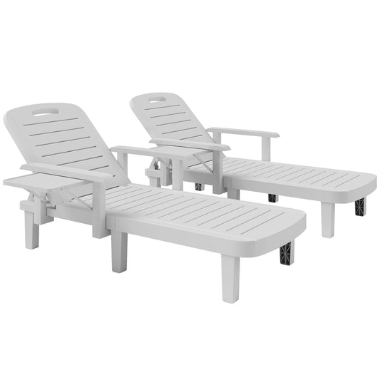 Outsunny Set of 2 Resin Reclining Sun Loungers, 5-Position Adjustable Chaise with Armrests, Foldable Side Table for Garden/Beach, White