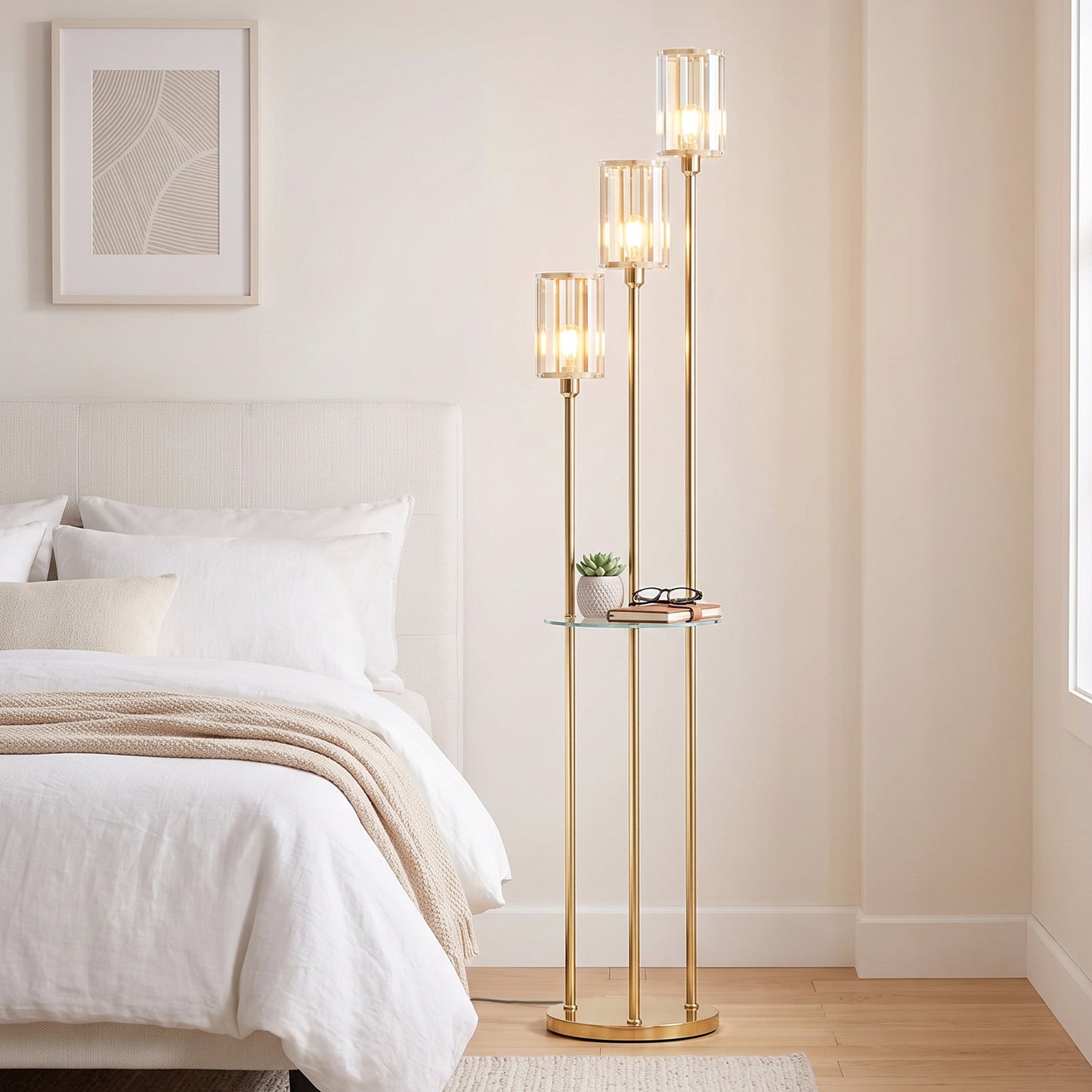 HOMCOM Floor Lamp with Shelves, 3-Light Crystal Standing Lamp with Glass Shades and Foot Switch, Bulbs Not Included, Gold Tone