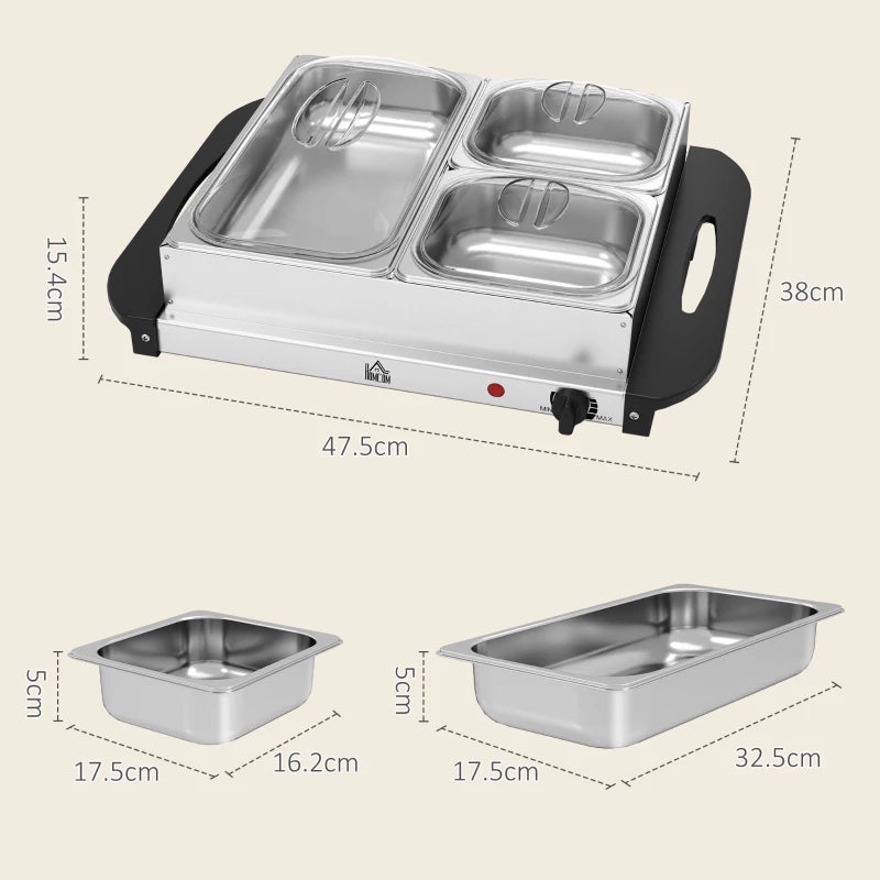 HOMCOM Electric Food Warmer 4 Tray, 6L Portable Buffet Server and Warming Tray with Lids, Adjustable Temperature Control and Cool Touch Handles, 200W, 2 x 2.5L and 1 x 1L