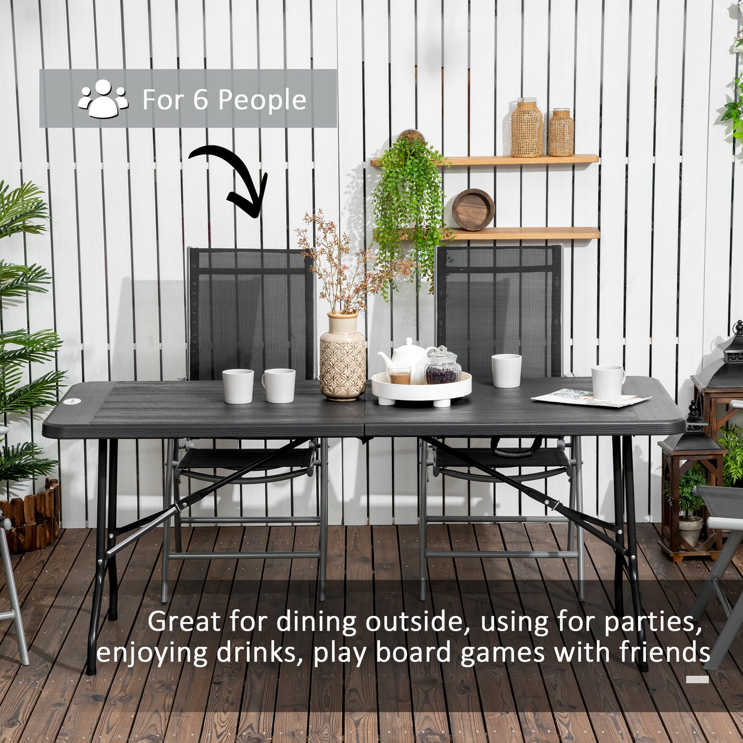 Outsunny Folding Garden Table for 6, Rectangular HDPE Top, Steel Frame, Foldable, Charcoal Grey