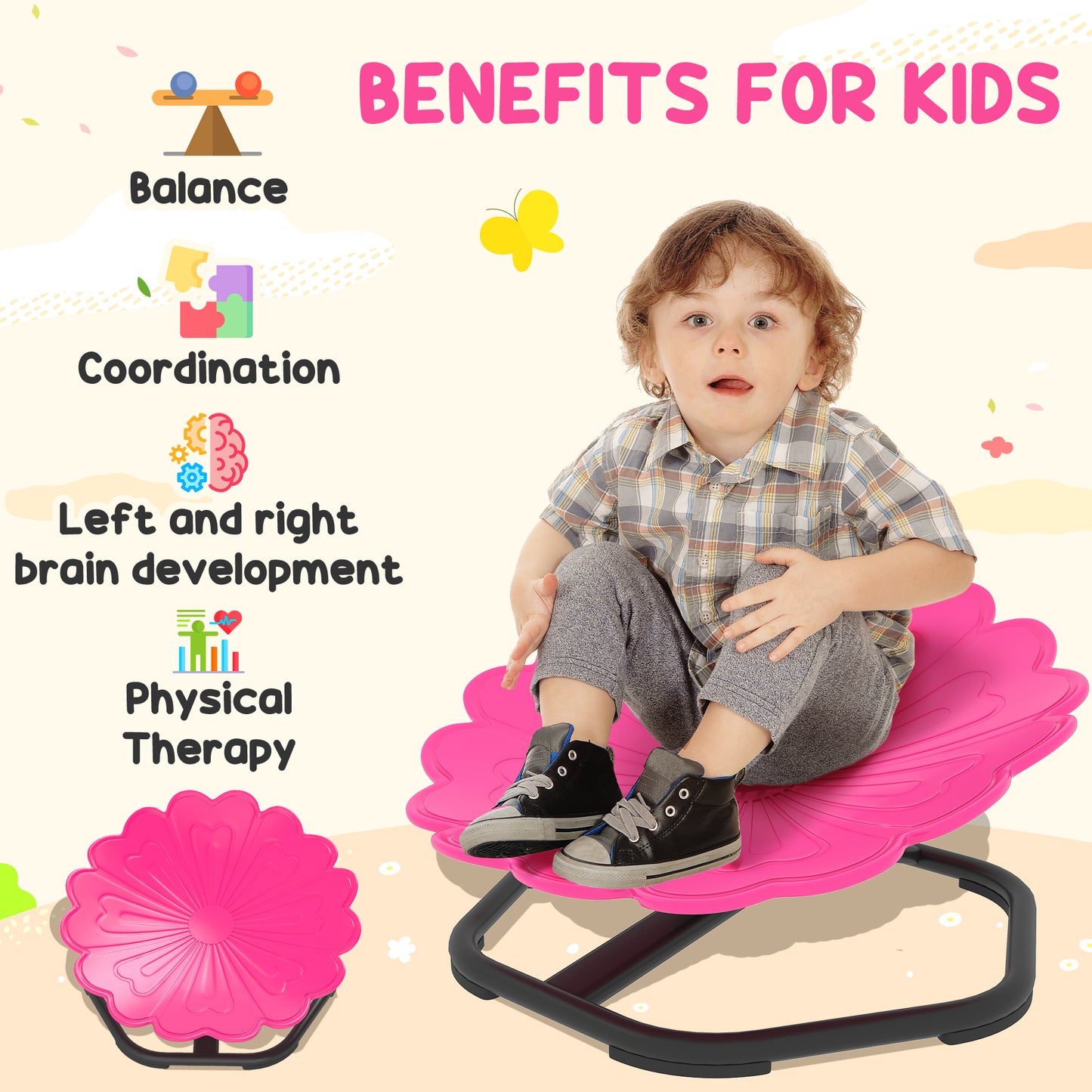 AIYAPLAY Flower-Shaped Sensory Spinning Chair with Non-Slip Base for Balance/Coordination, Pink